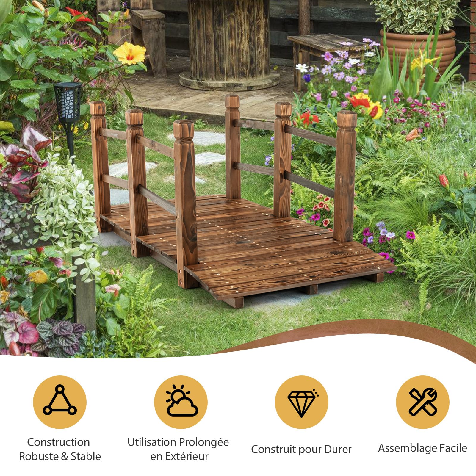 COSTWAY Pont de Jardin en Bois de Sapin Carbonisé Charge Maximale 150KG, Pont sur Étang 150 x 67 x 55 cm avec Double Garde-Corps de Sécurité, Décoration du Jardin pour Patio Cour (Marron foncé)