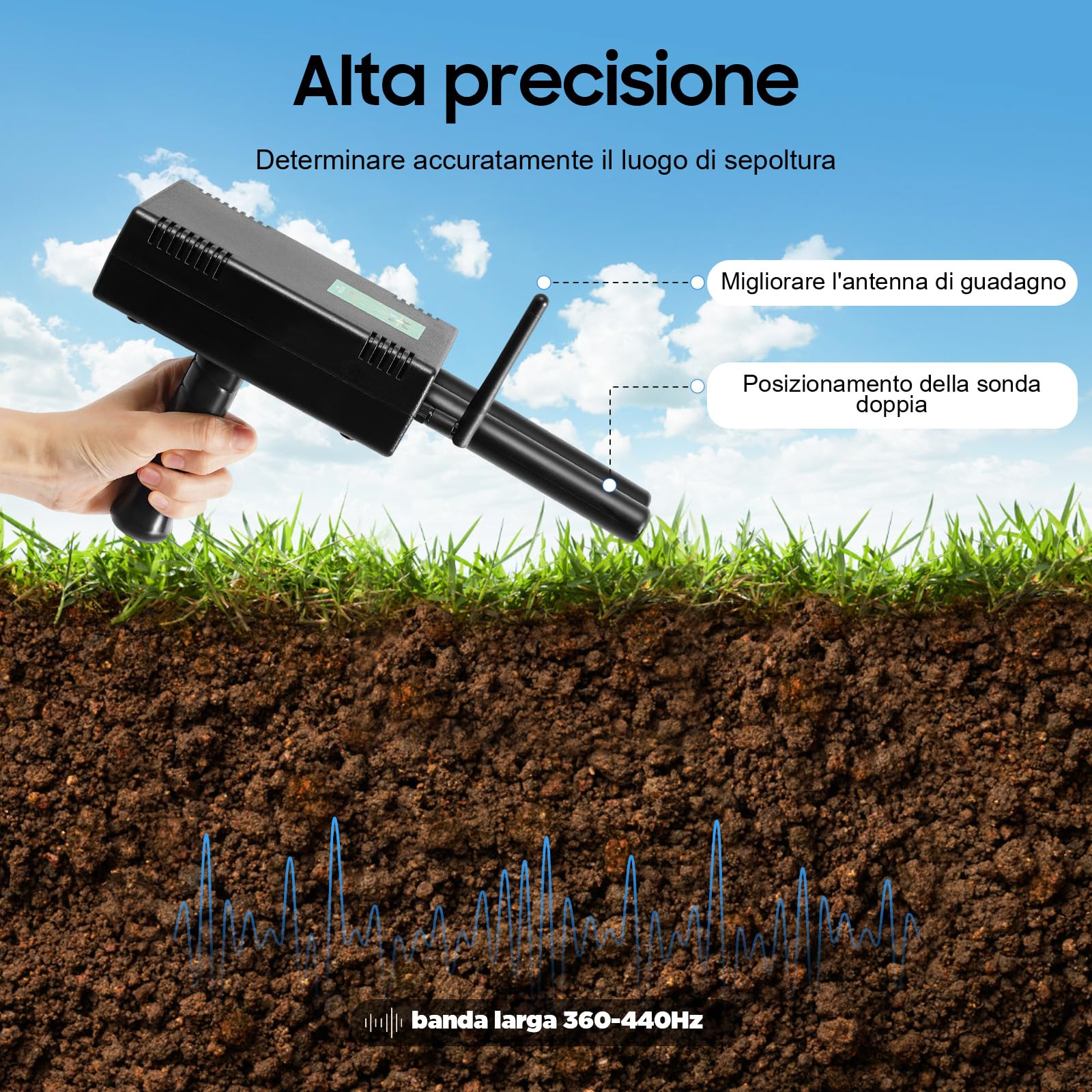 Detector de metales de mano, profesional, doble muestra, alcance de 1000 m, 20 m de profundidad, detector de tesoros, dorado, con bolsa portátil para adultos