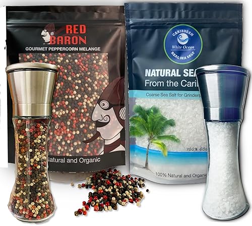Sal marina real caribeña premium, mezcla de pimienta gourmet Red Baron y molinillo elegante doble de 7 pulgadas de alto