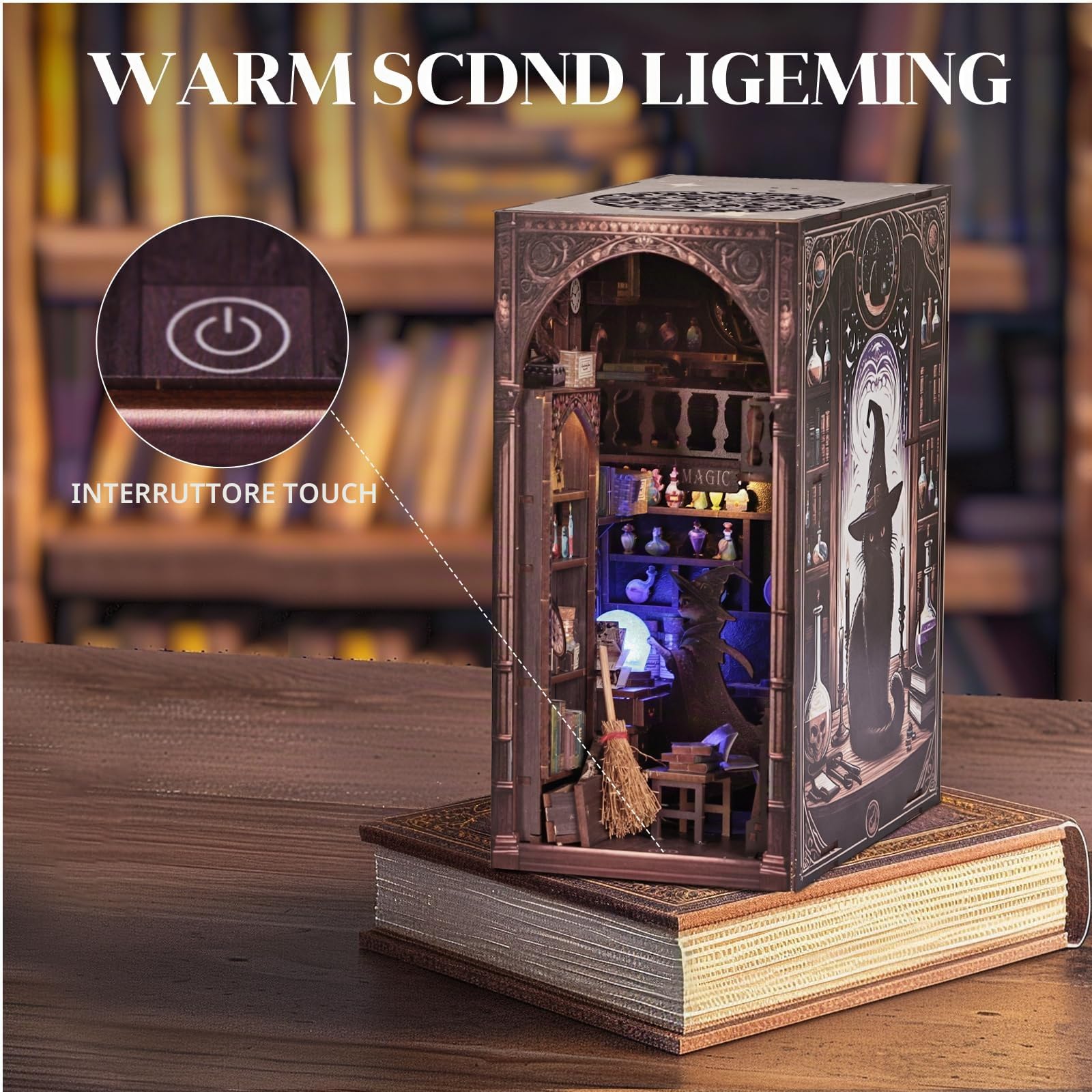 Kit angolo libro 3D Magic Cat Wizard, kit fai da te in miniatura per casa delle bambole per adulti e adolescenti, puzzle con inserto fermalibri in legno 3D, modello mini casa magica