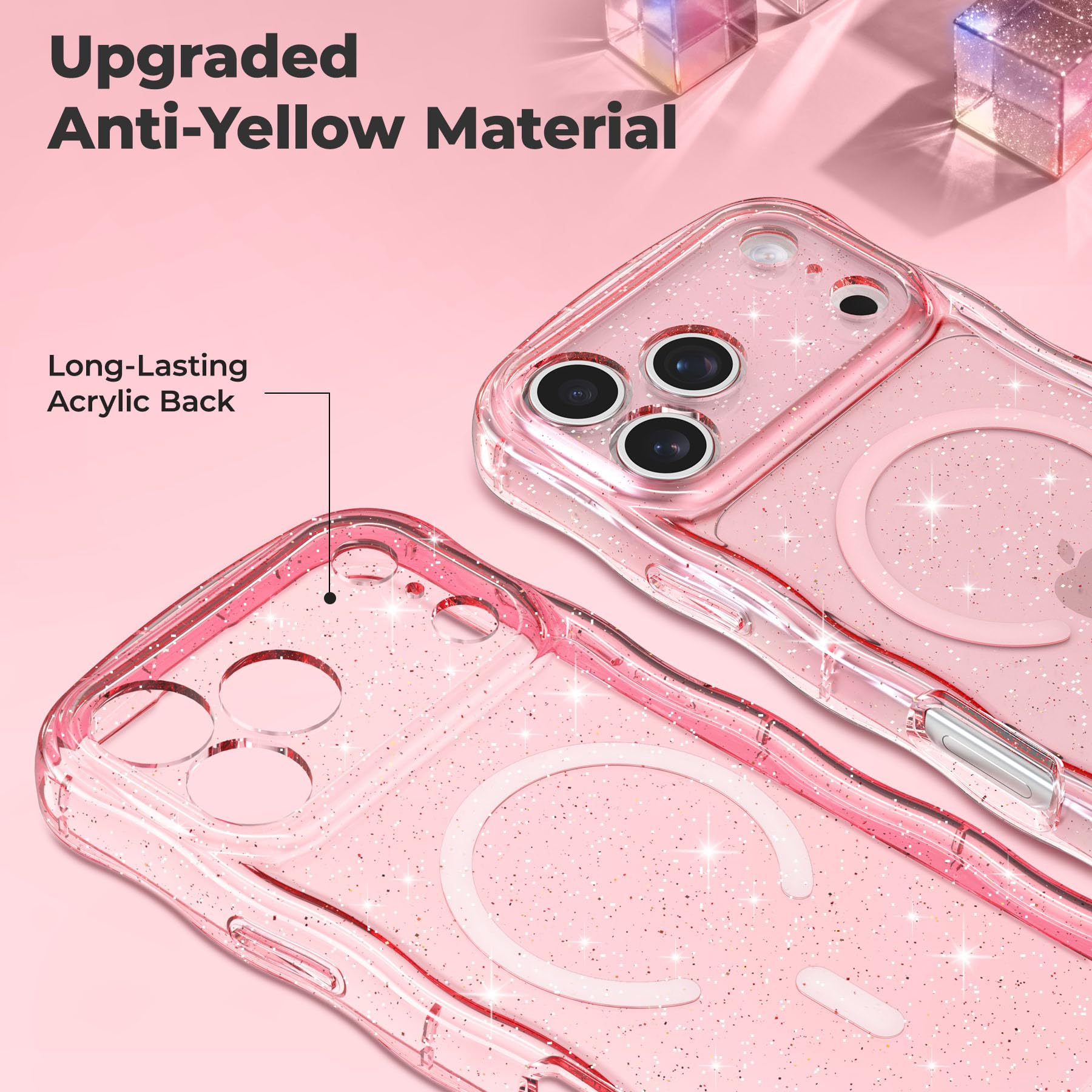 FABSPARK Glitzer-Schutzhülle für iPhone 17 Pro Max, passend für MagSafe, Rosa | Magnetischer gewellter Rahmen, glitzernder Glitzer, transparentes Acryl, harter PC für iPhone 17 Pro Max, Rosa