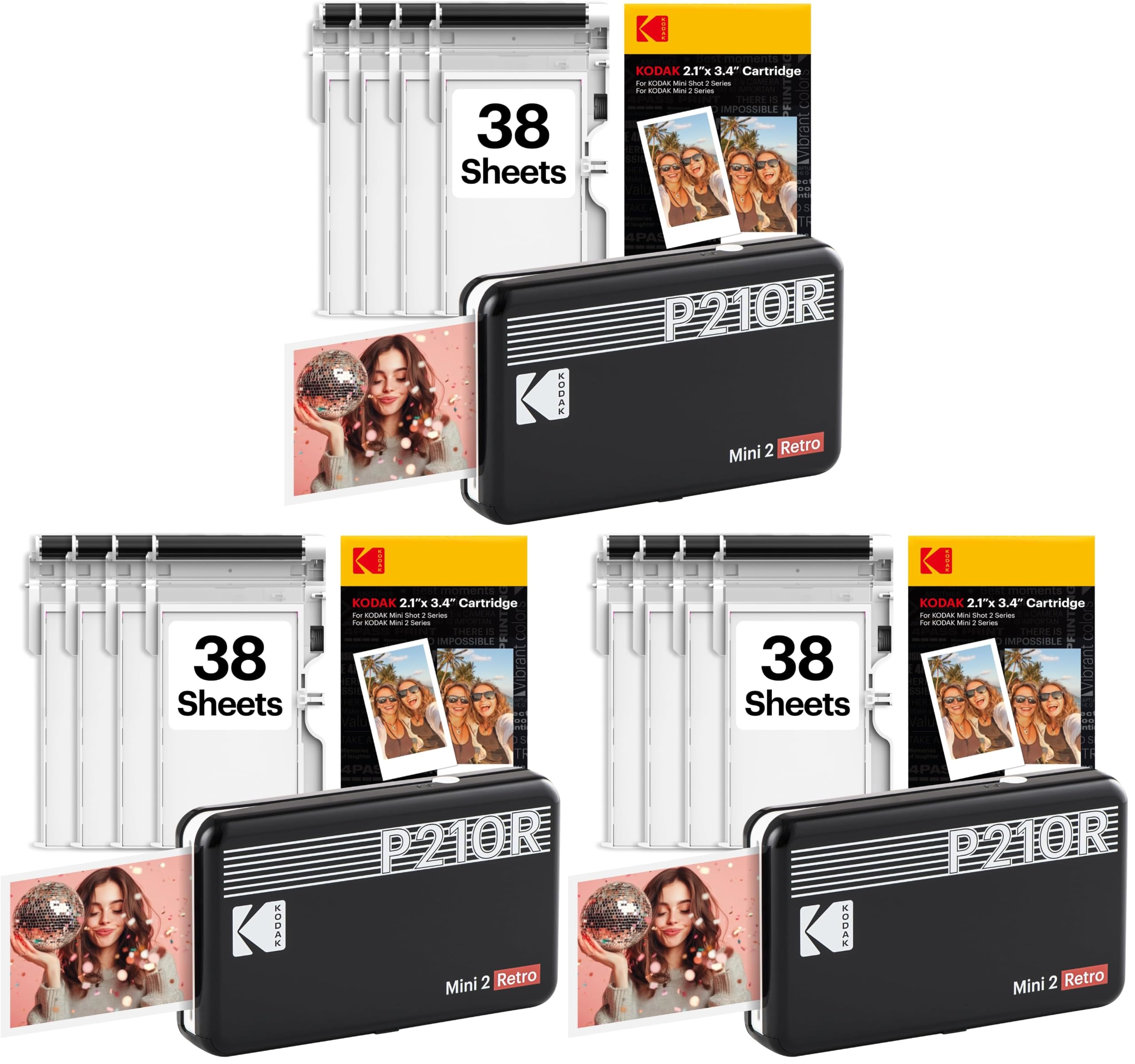KODAK Mini 2 Retro 2x3 Portable Photo Printer, 38 Sheets, Bluetooth Smartphone Printer for iPhone &amp; Android, Instant Color Prints, 4PASS Dye Sublimation, Black (Pack of 3)