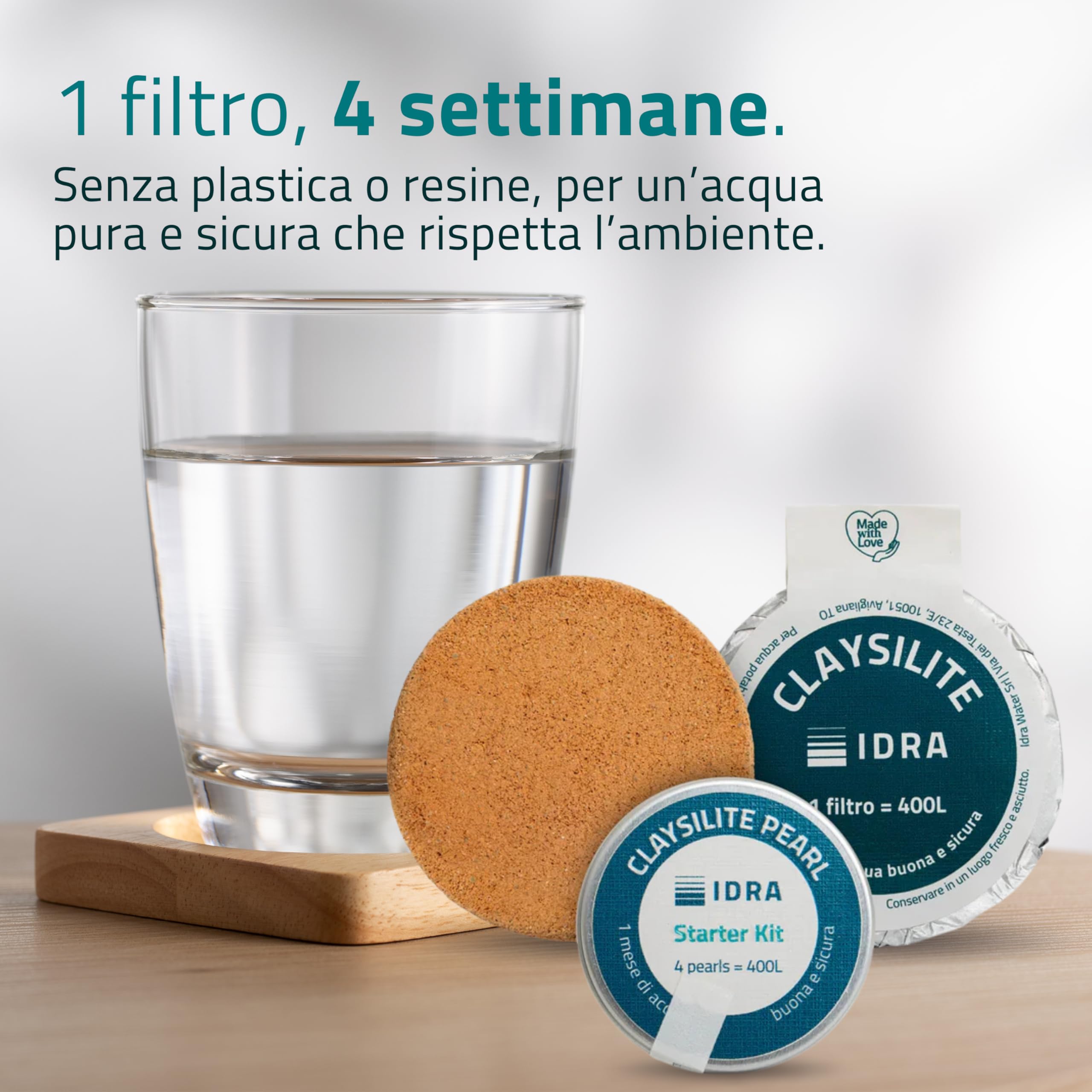IDRA Living Wasserfilter aus Edelstahl (1,2 l), inklusive 1 Claysilite-Filter, reduziert Chlor, Kalk, PFOS und Metalle (> 0,2 µm), Druckfilterung, Made in Italy