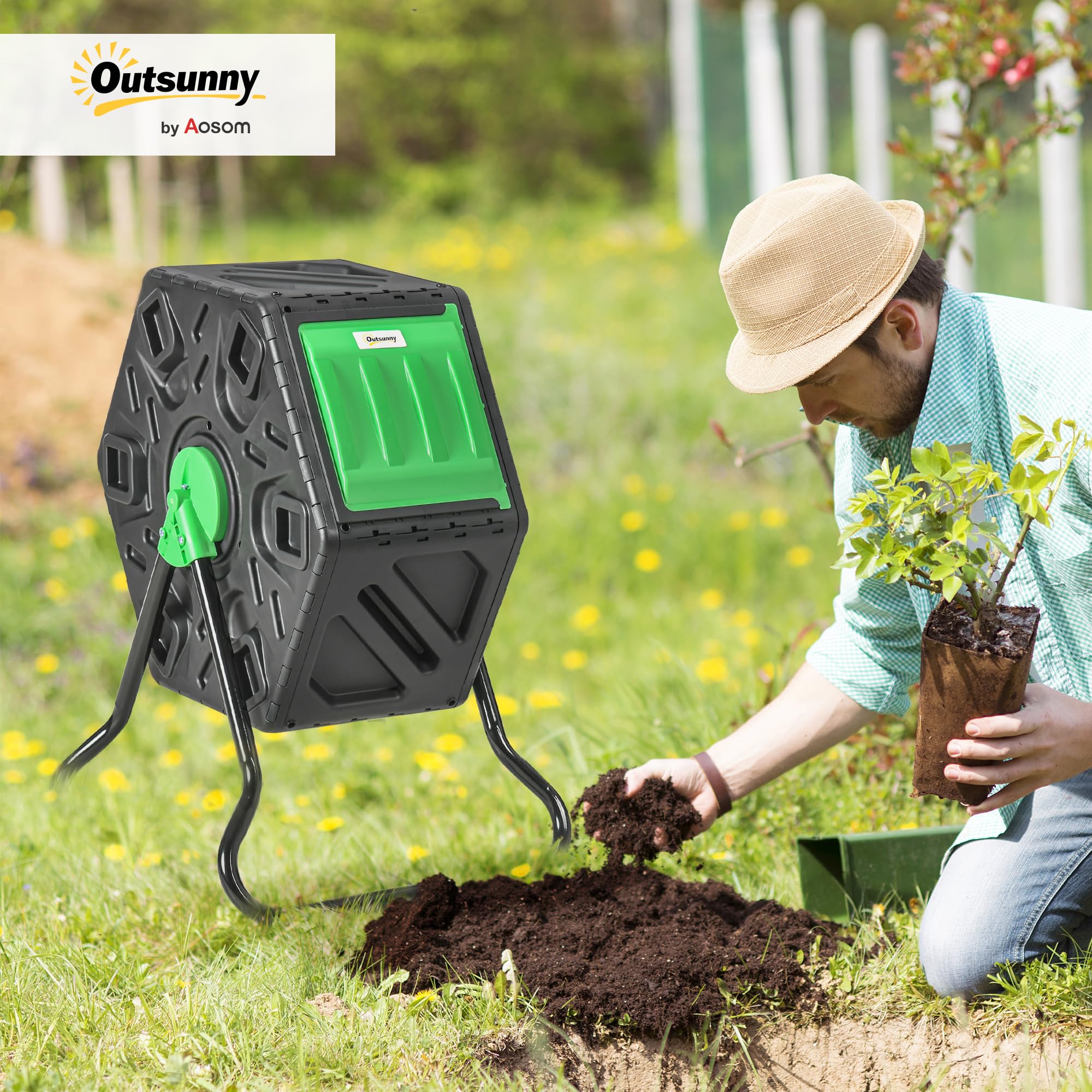 Outsunny Compostador Giratorio 65L Contenedor de Compostaje de Jardín con Aberturas de Ventilación Doble Cámara Compostadora Patas de Acero 60x49x77 cm Negro y Verde