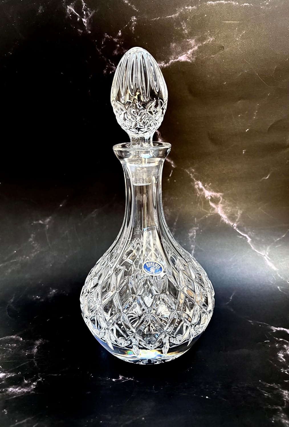 Czech Crystal Glass Whiskey Decanter 25oz./750ml. Elegant Vintage Design Heavy Base Old Fashioned Style Bottle Scotch Bourbon Cognac Vodka Brandy Carafe