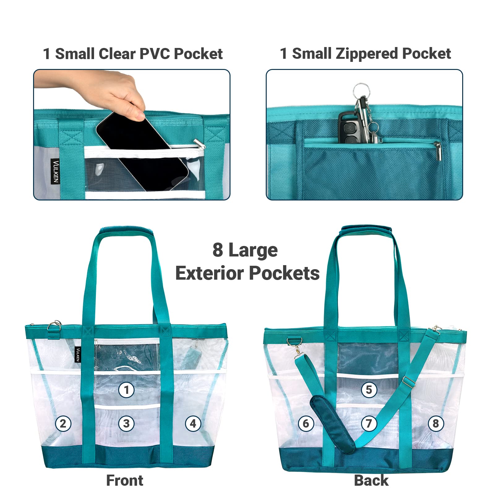 Vulken 42L Sac de plage extra large en maille 9 poches avec fermeture éclair sur le dessus