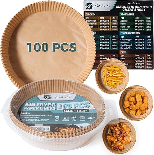 Kitchenific 100 forros desechables para freidora de aire de 8 pulgadas redondos y 1 hoja de trucos magnética para freidora de aire juego de forros