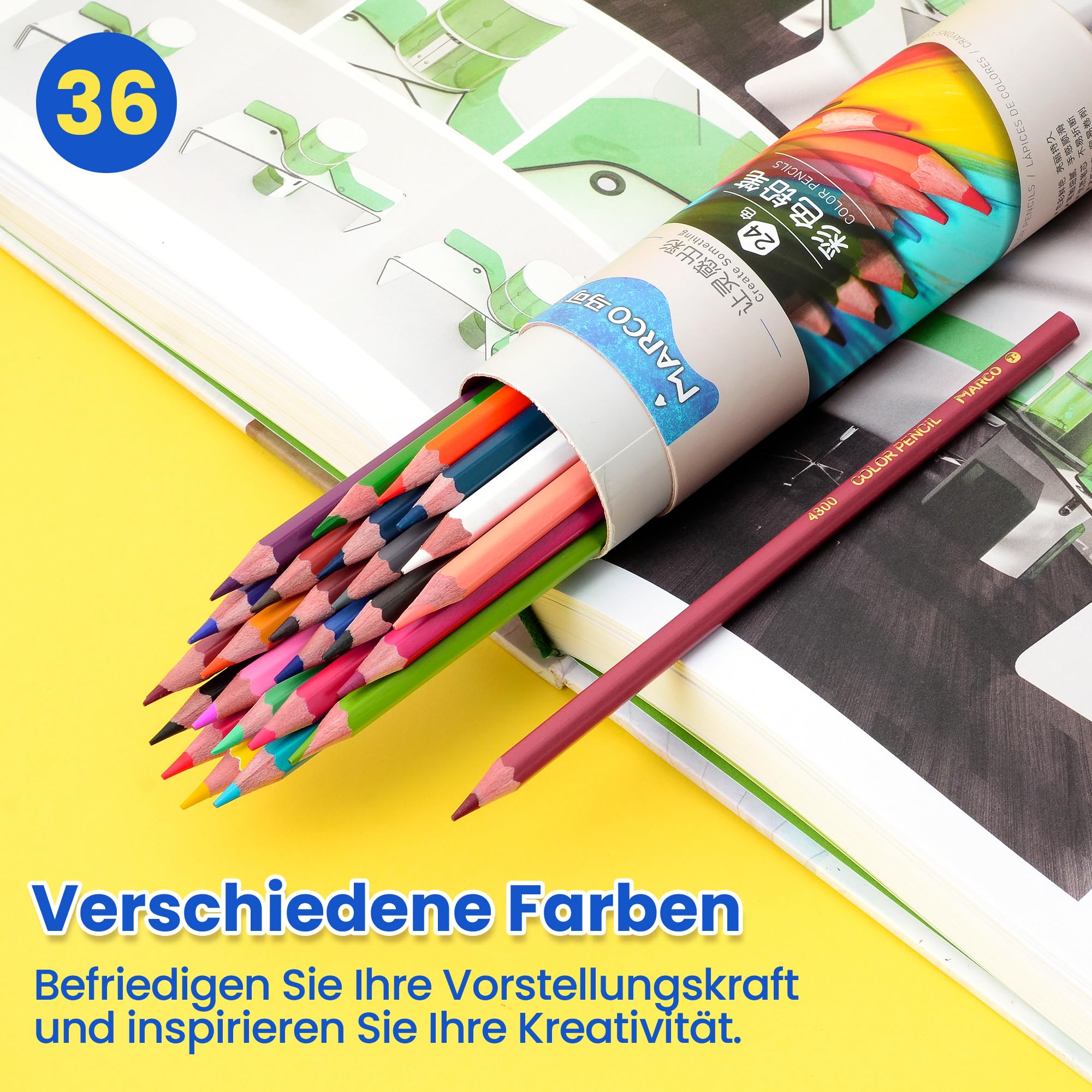 MARCO Set di matite colorate 36 colori, mine spesse a base di olio crayon, matite di legno, serie D4300, ideale come regalo di compleanno per artisti e principianti