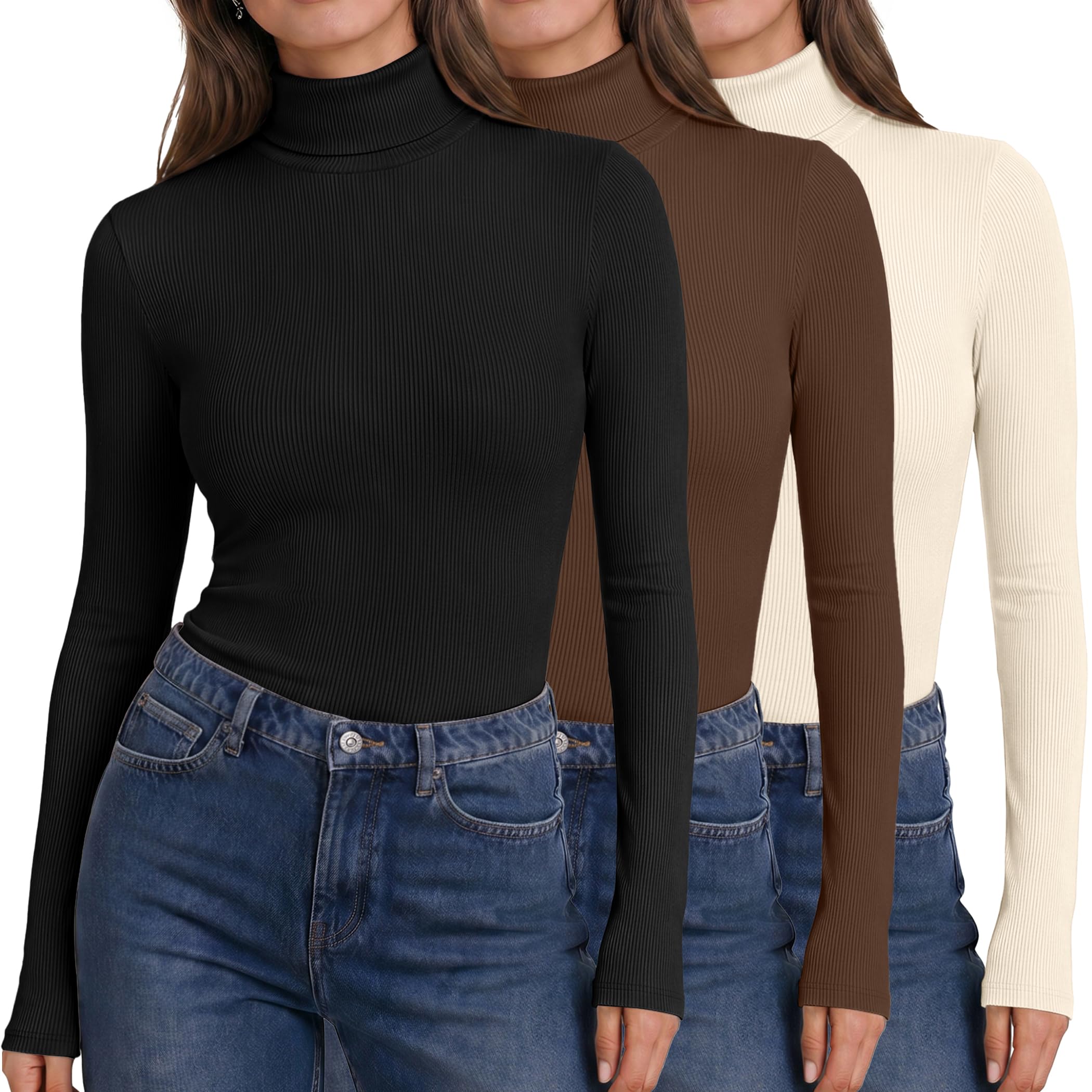 Ekouaer 3 Pack Womens Turtleneck Tops Ribbed Long Sleeve Basic Shirts