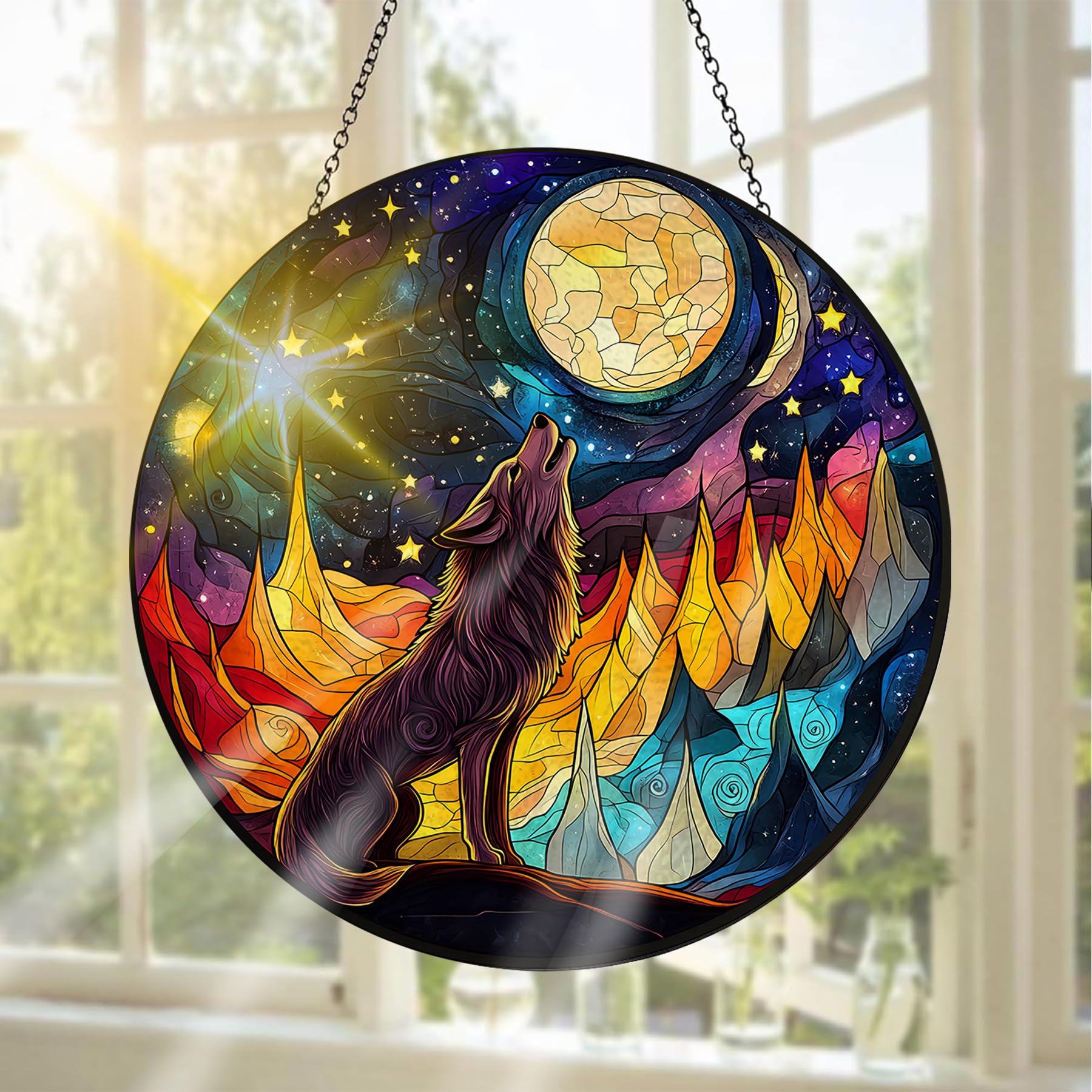Pavemlo Moon Wolf Suncatcher Indoor Stained Glass Window Hanging - Outdoor Window Hanging Decoration - Sun Catcher Home Decor Mother's Day Birthday Gifts for Women, Men Mom 20x20 cm
