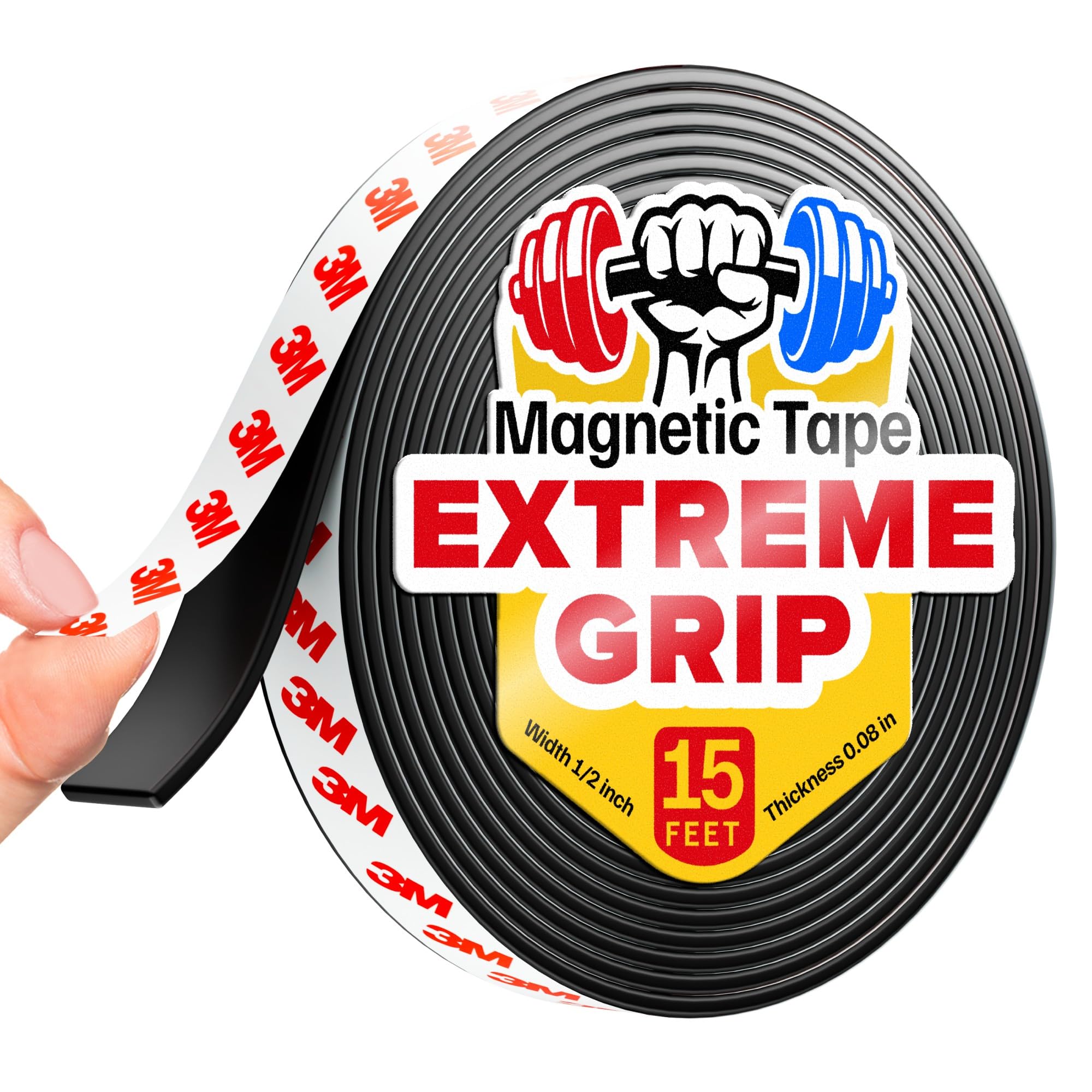 Flexible Magnetic Tape - 1/2inch x 15 feet x Magnet Thickness 2mm, Adhesive Strip with Strong Self Adhesive - Ideal Magnetic Roll Any Projects - Sticky Magnets for Fridge