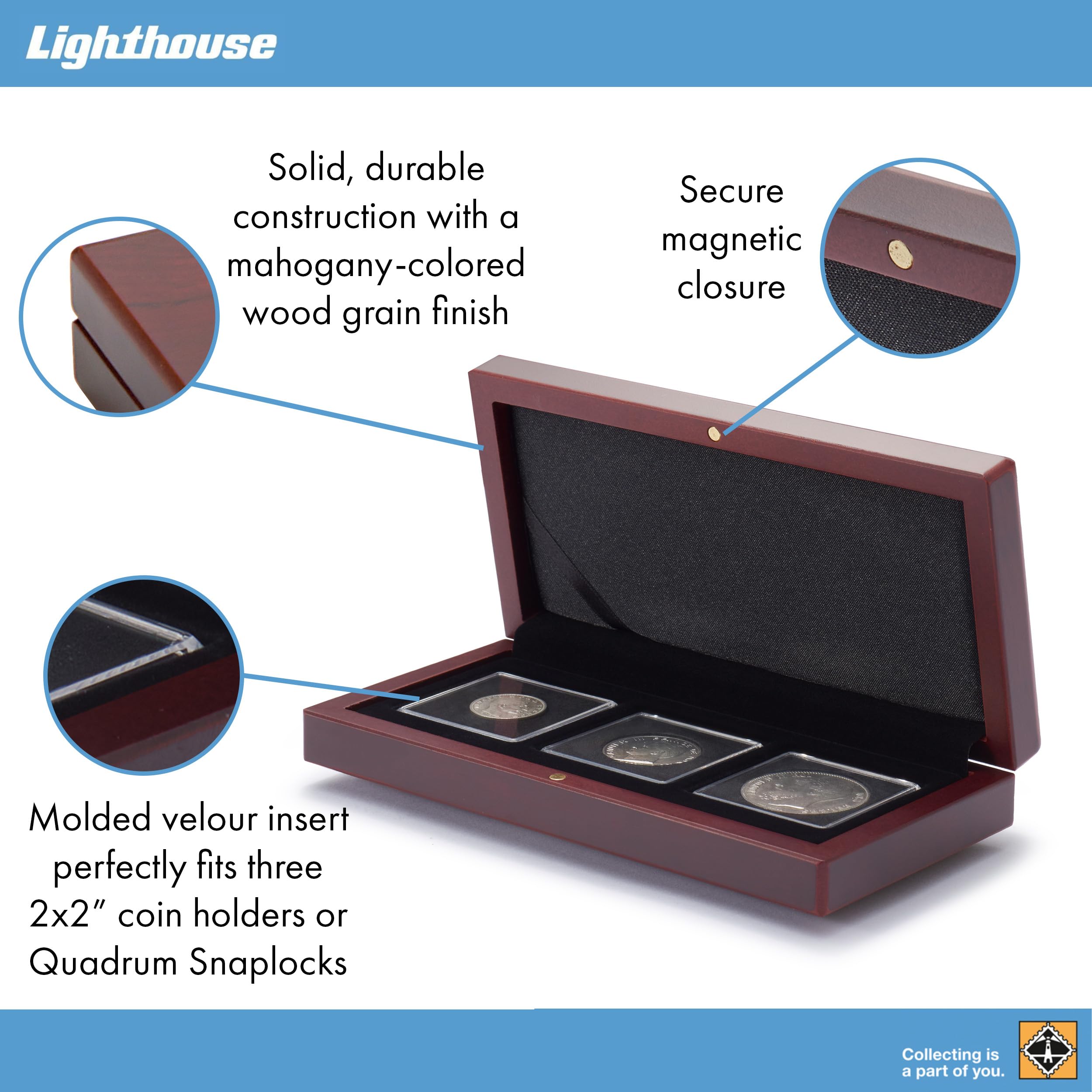 Leuchtturm 339049 Estuche para Monedas Volterra - Compartimento Cuadrado para 3 Monedas de cápsula Quadrum - Color Caoba