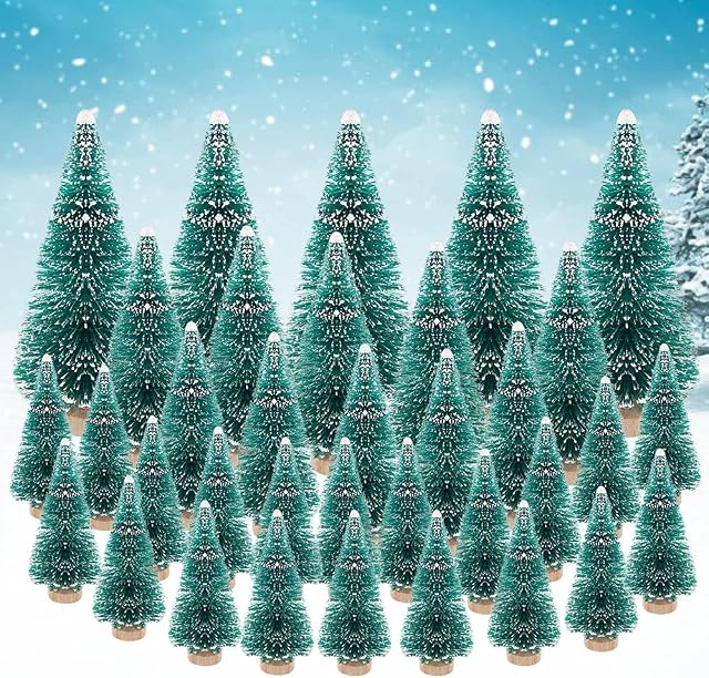 AFASOES 35 Pcs Miniature Christmas Tree, Mini Model Snow Trees Artificial Snow Frost Trees Mini Sisal Christmas Trees DIY Bottle Brush Trees for Xmas Party Home Party Diorama Models (4 Sizes)