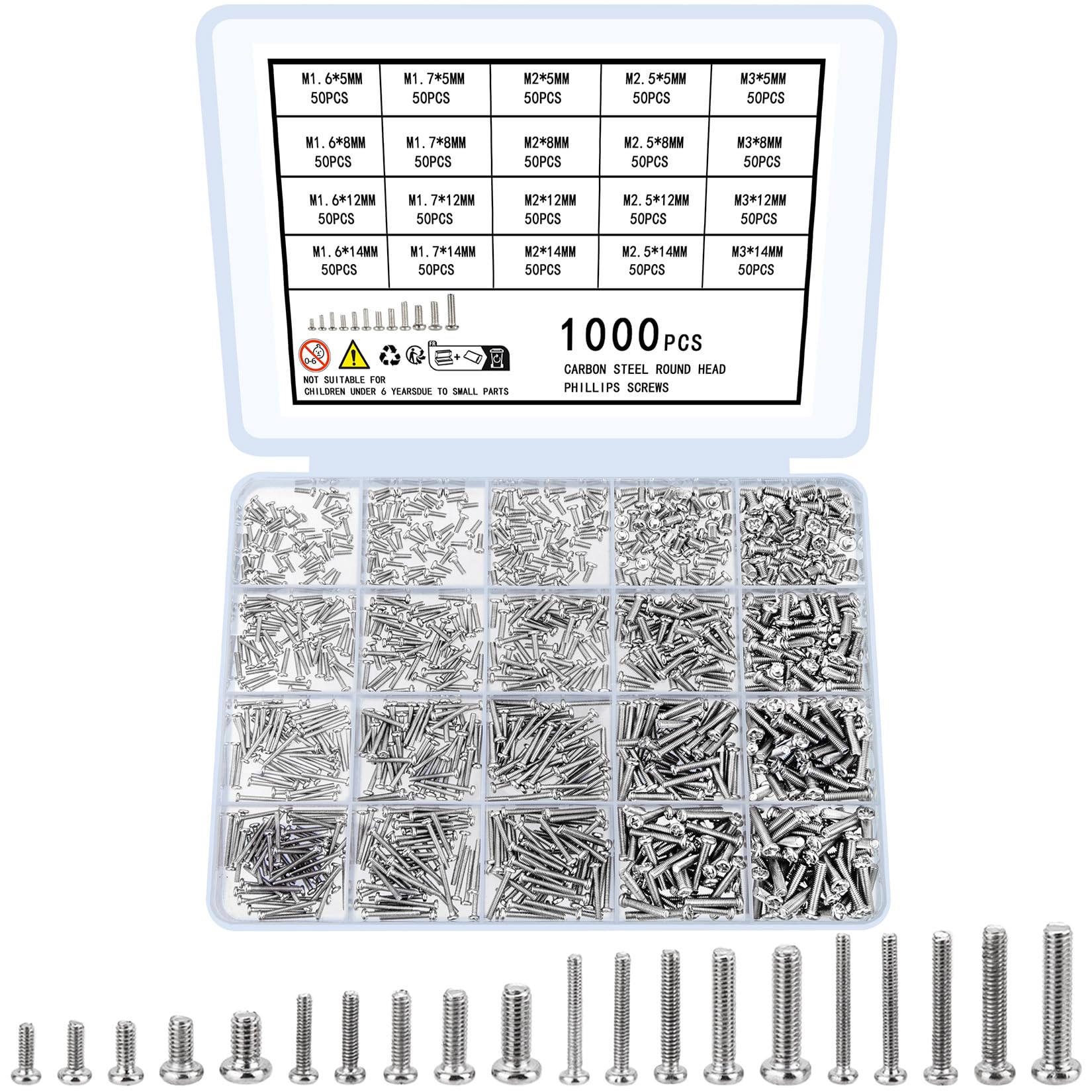 1000 Pcs Tiny Screws for Electronics, M1.6 M1.7 M2 M2.5 M3 Round Head Mini, Replacement Computer Screws, Small Machine Assortment Kit for Laptop Notebook Glasses Repair(1000)