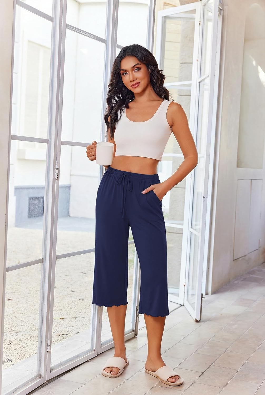 Ekouaer 3 Pack Women Capri Pajama Pants 2026 Ruffle hem Lounge Pants Drawstring Pj Bottoms with Pockets - Image 2