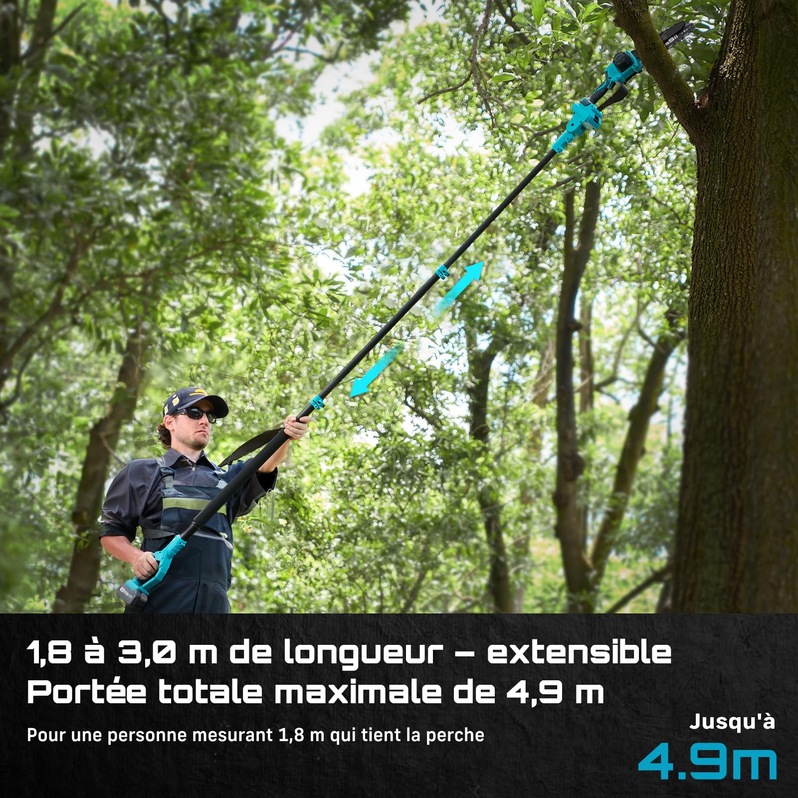 SEESII PS810 Mini Tronconneuse & Elagueuse sur Perche 8 Pouces, 2-en-1 Tronconneuse a Batterie, avec 2 x 4000 mAh Batteries, Portée 4,87 M, Système D'huile Automatique, pour Branches et Jardin