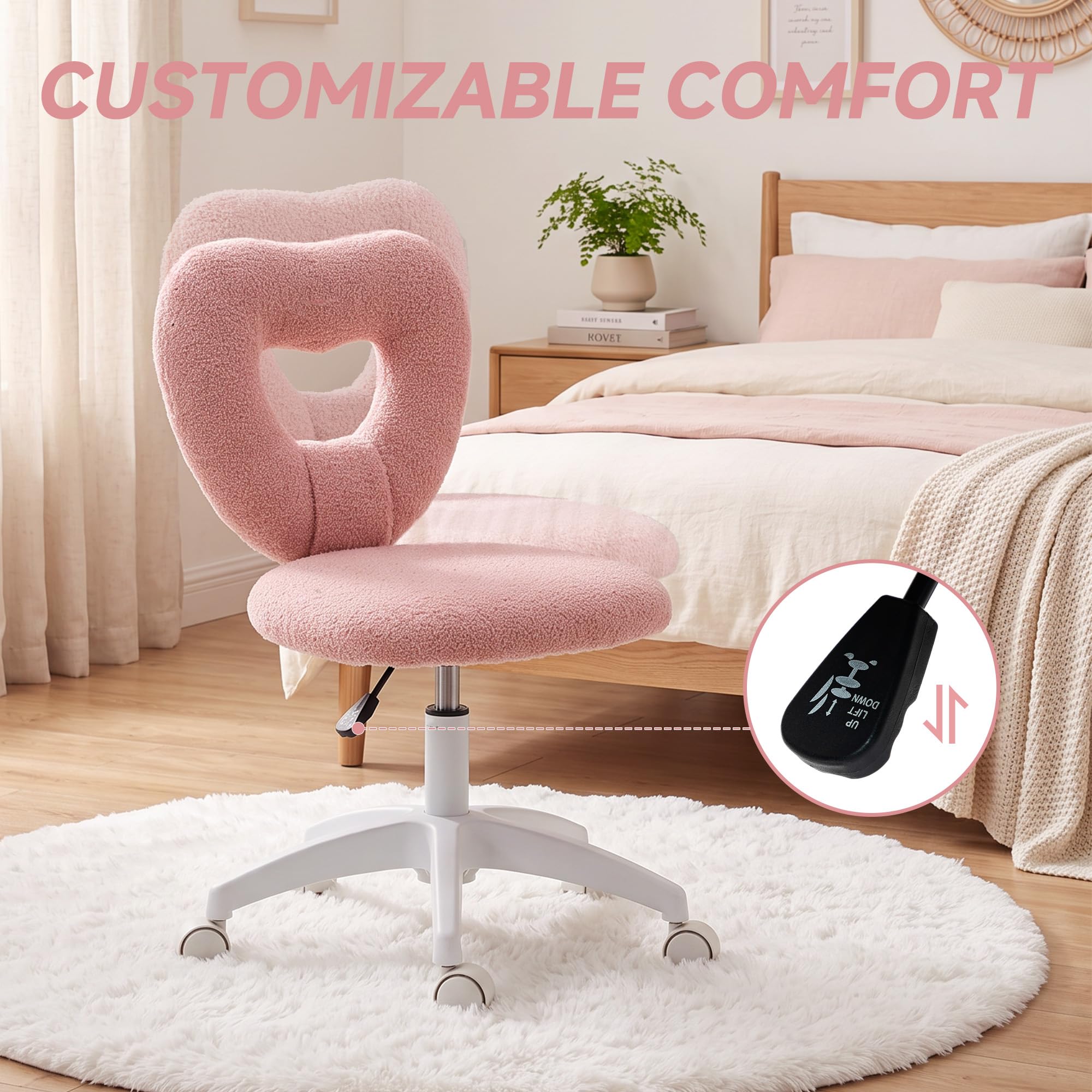 HOMCOM Chaise de Bureau sans accoudoirs, réglable en Hauteur, Rose