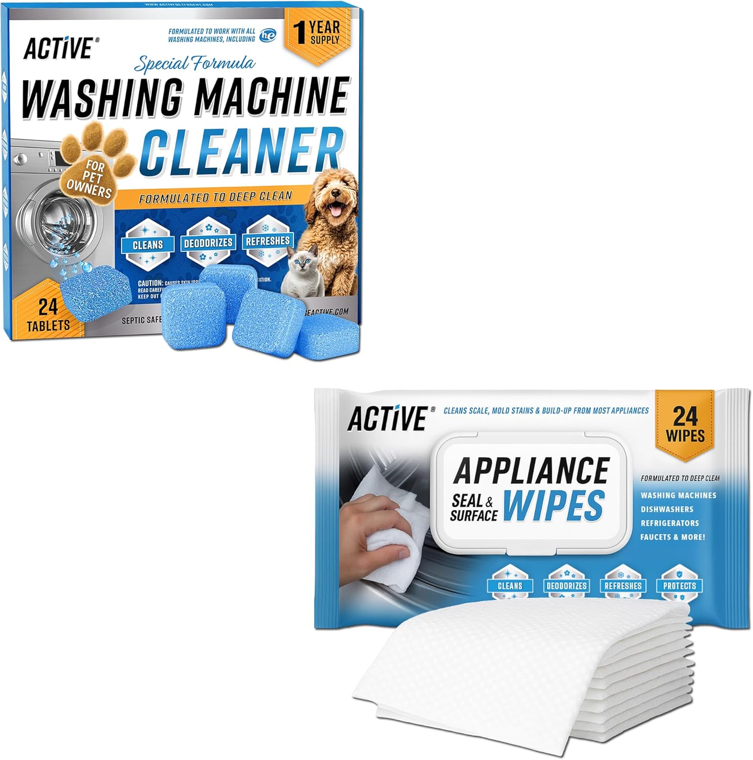 ACTIVE Washing Machine Cleaner for Pet Owners and Appliance Cleaning Wipes - Includes 24pk Pet Washer Cleaner Tablets and 24ct Appliance Surface Wipesct