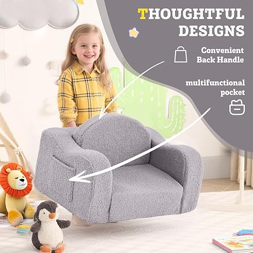 Vista 13 de Welnow Silla para niños pequeños, sofá infantil de sherpa suave 2 en 1, tumbona convertible para niños, sofá plegable para niños con bolsillos