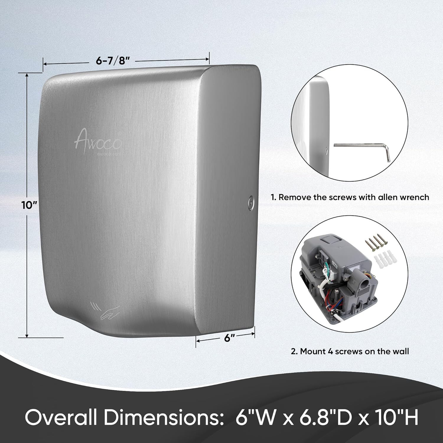 Awoco Compact Stainless Steel Automatic High Speed Commercial Hand Dryer, 1350W 120V UL Listed (Compact)