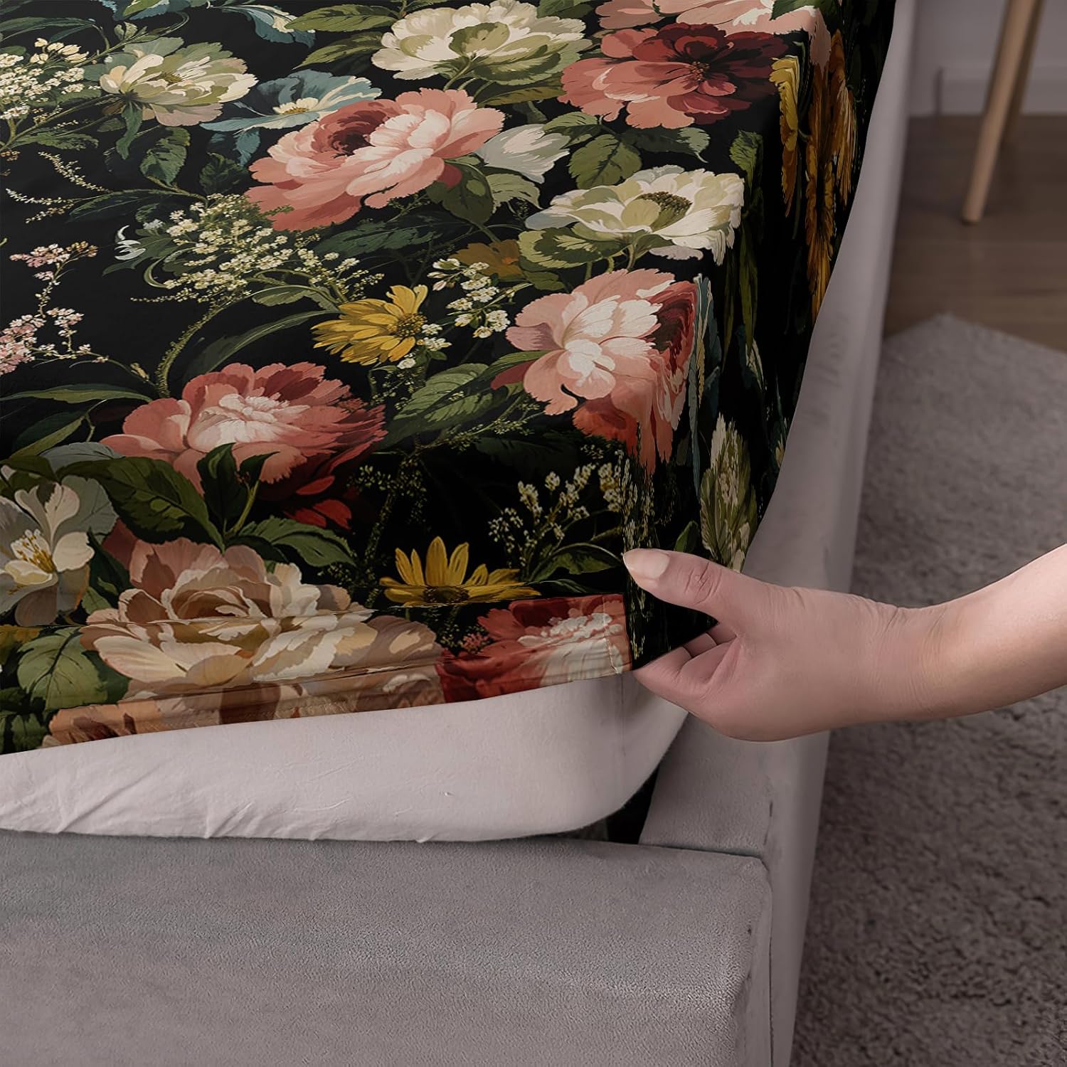 Nttopship Boho Floral 4 Pieces Bed Sheets Soft Microfiber,Oil Painting Flowers Bedding Set Fitted Sheet Deep Pockets Top Flat Sheet Room Decor Queen Size with 2 Pillowcases for Girls and Boys