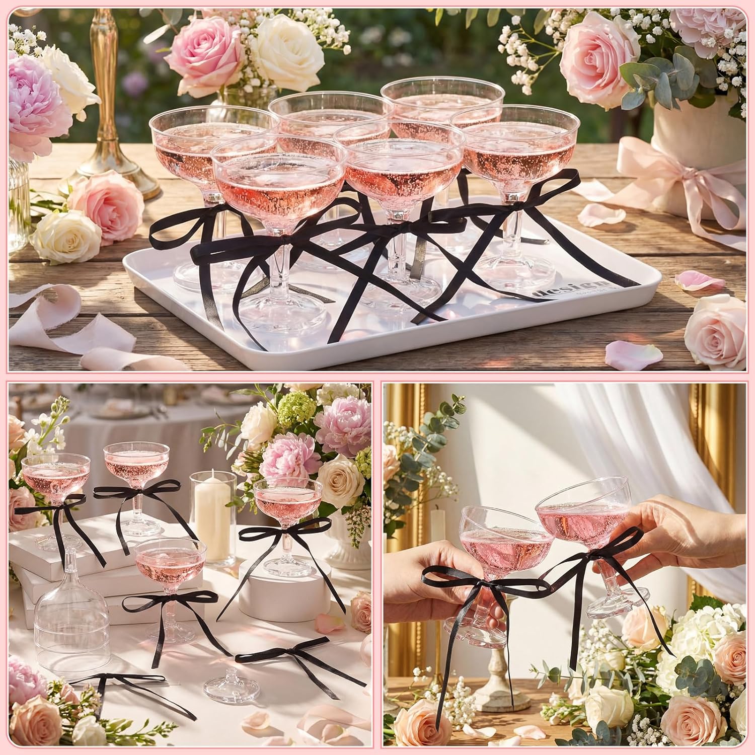 Zopeal 30 Set Disposable Plastic Coupe Glasses With Satin Ribbon Bow 5 oz Acrylic Champagne Tower Cocktail Unbreakable Plastic Martini Margarita Glasses for Birthday Wedding Party Bar (Black)