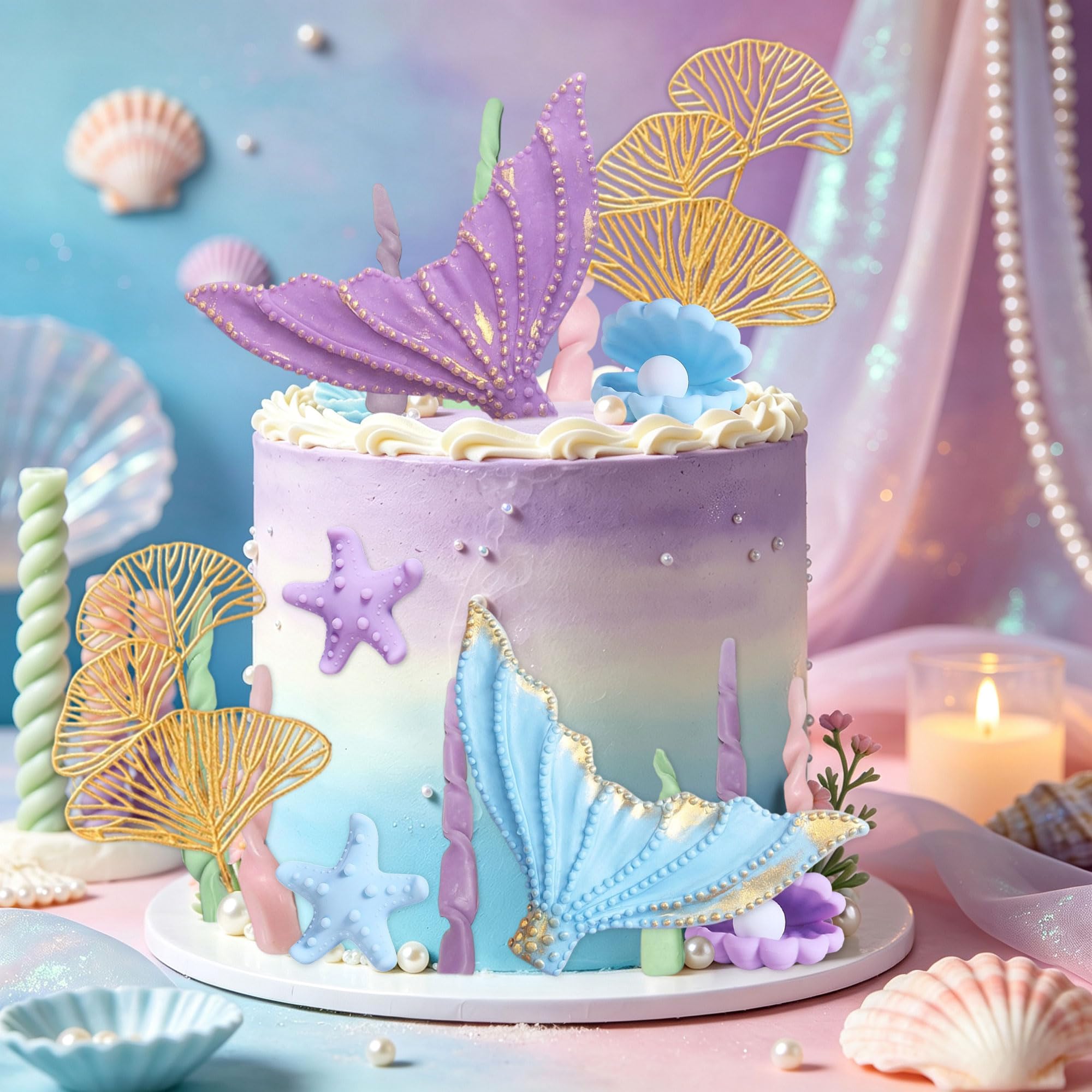 LaVenty Mermaid Tail Seashell Cake Toppers Under the Sea Cake Decorations