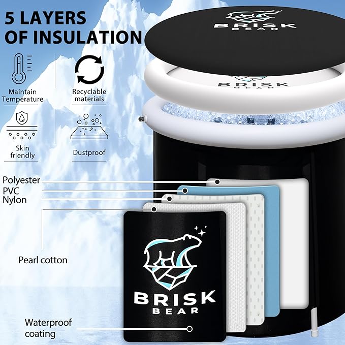 Ice Bath Tub for Athletes with Cover by Brisk Bear - Extra Large Cold Plunge Tub for Recovery - Inflatable Ice Bath Barrel Plunge Pool - Cold Plunge to Soothe Muscles - Black Ice Tub