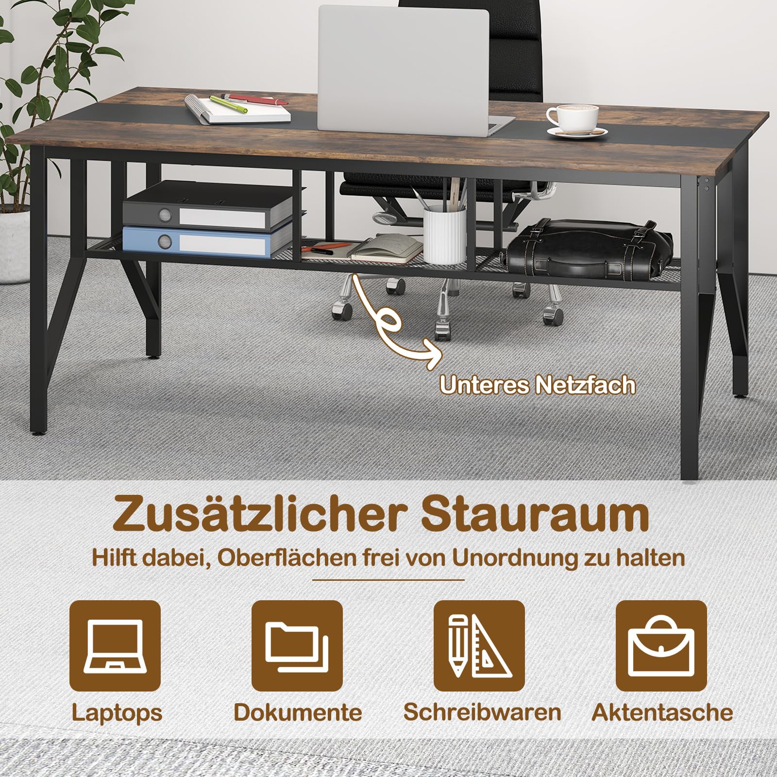 GYMAX Großer Konferenztisch 180 x 96 cm, Besprechungstisch für 6-8 Personen mit Kabeldurchlässen & Ablageregal, Meetingtisch für Geschäftstreffen, Konferenzraum & Büro
