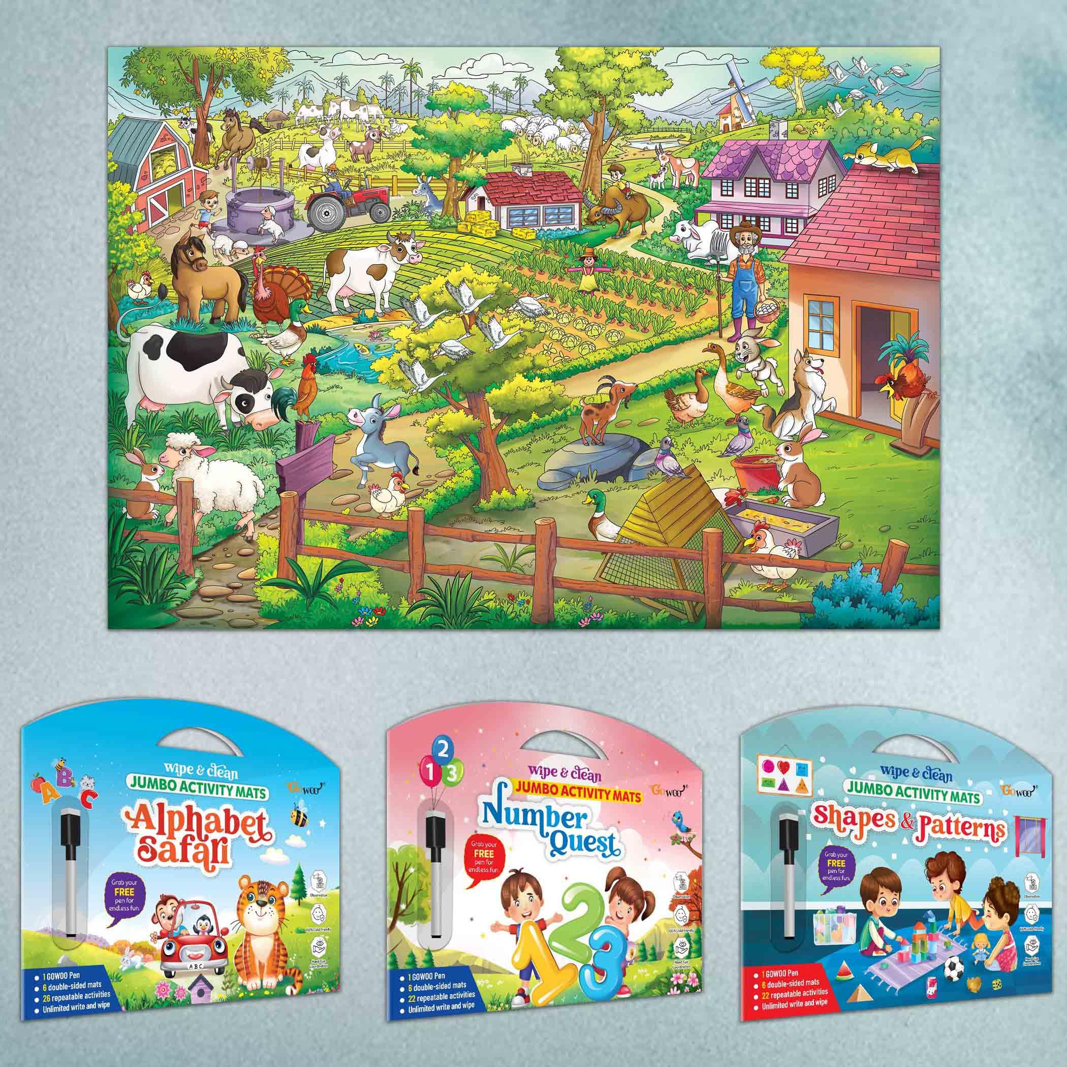 Alphabet Safari Activity MATS, Number Quest Activity MATS, Shapes and Patterns Activity MATS and Giant at The Farm Colouring Poster | Combo of 3 Activity MATS with Pen and Colouring Poster (B0D5YNVCCG) Amazon Price History, Amazon Price Tracker