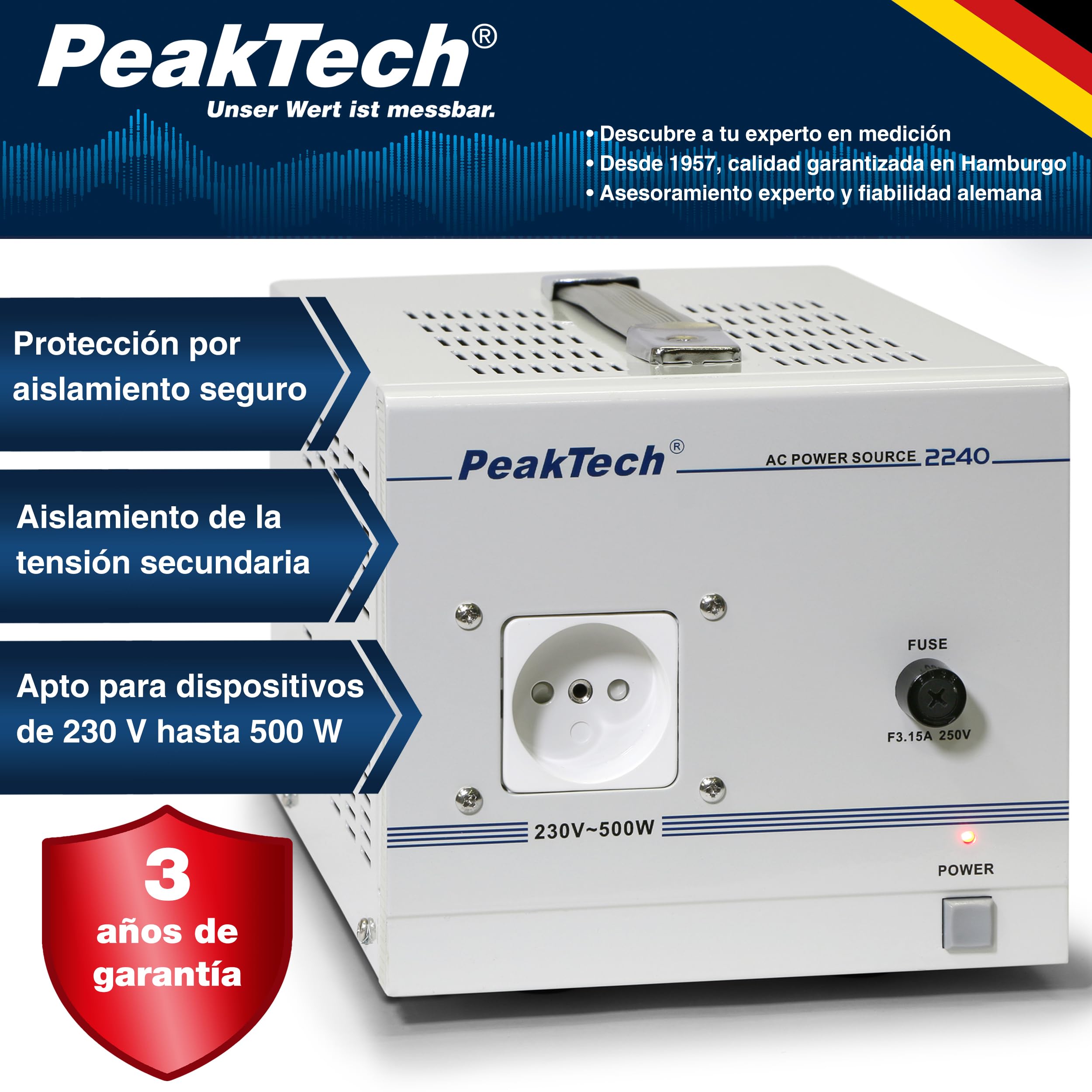 PeakTech 2240 - Transformador de Aislamiento, Dispositivo de Medición, Toroidal, Galvánico, Clase de Protección 1, Uso Móvil, Voltaje de Entrada 230 V, Potencia de Salida 500 W - 160 x 125 x 235 mm