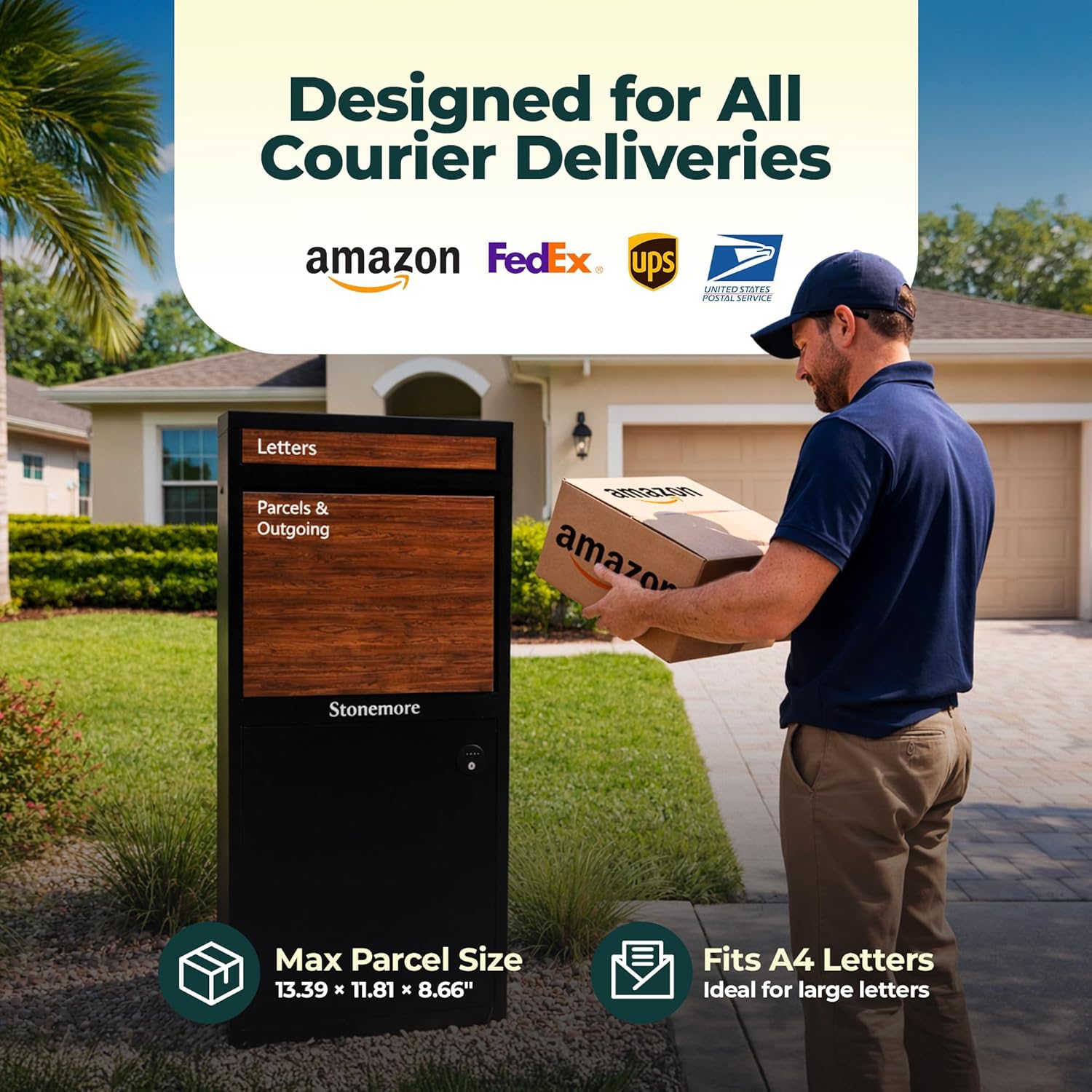 Hudson USPS Compatible Mailbox, Classic Black/Walnut Package Mailbox, Anti-Theft Locking Parcel Drop Box For Porch Or Curbside, Large Mailbox for Packages, Weather-Sealed Powder Coated Steel