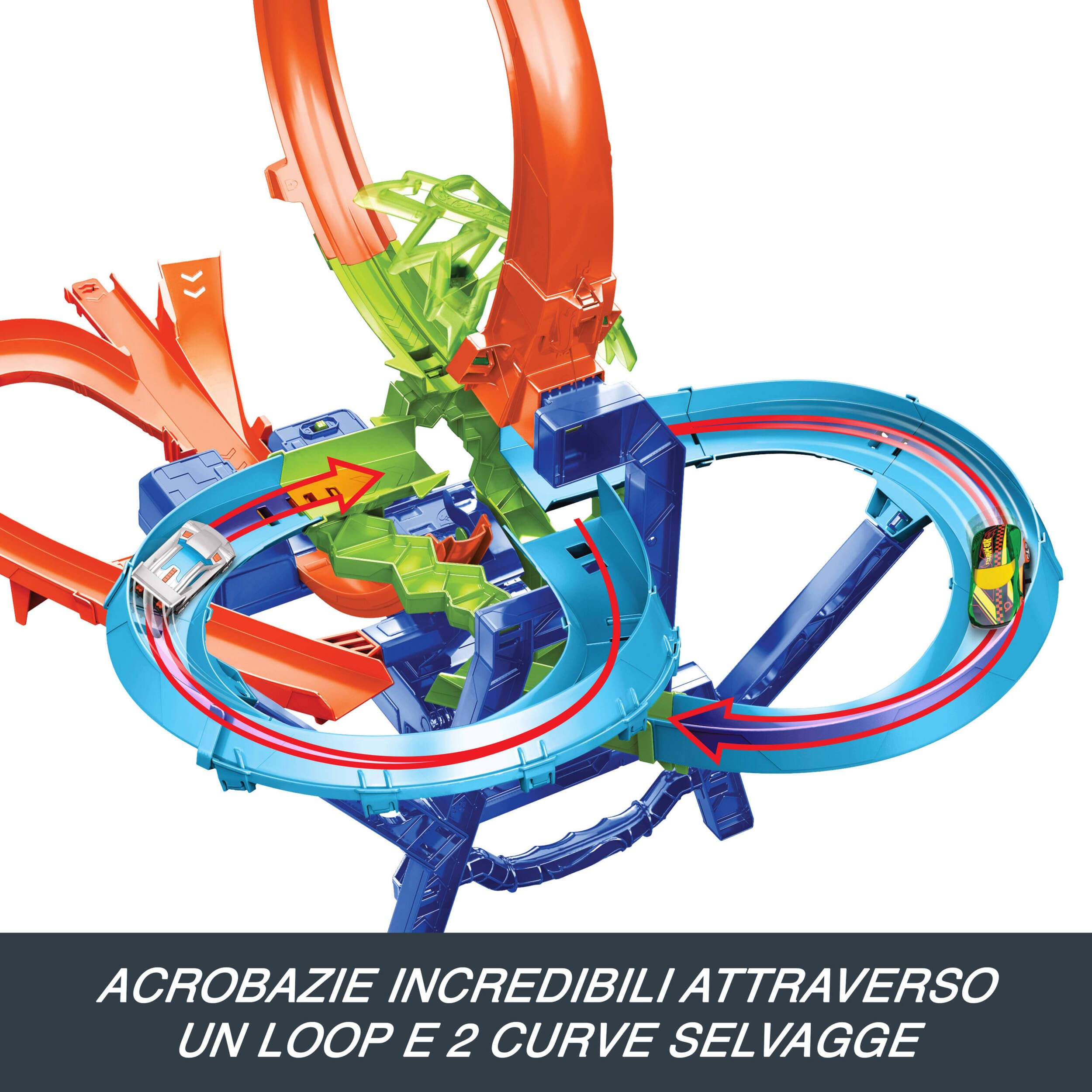 Hot Wheels - Scontri Volanti, set pista per acrobazie e corse senza sosta, con booster motorizzato e macchinina in scala 1:64 inclusa, giocattolo per bambini, 5+ anni, JKJ78