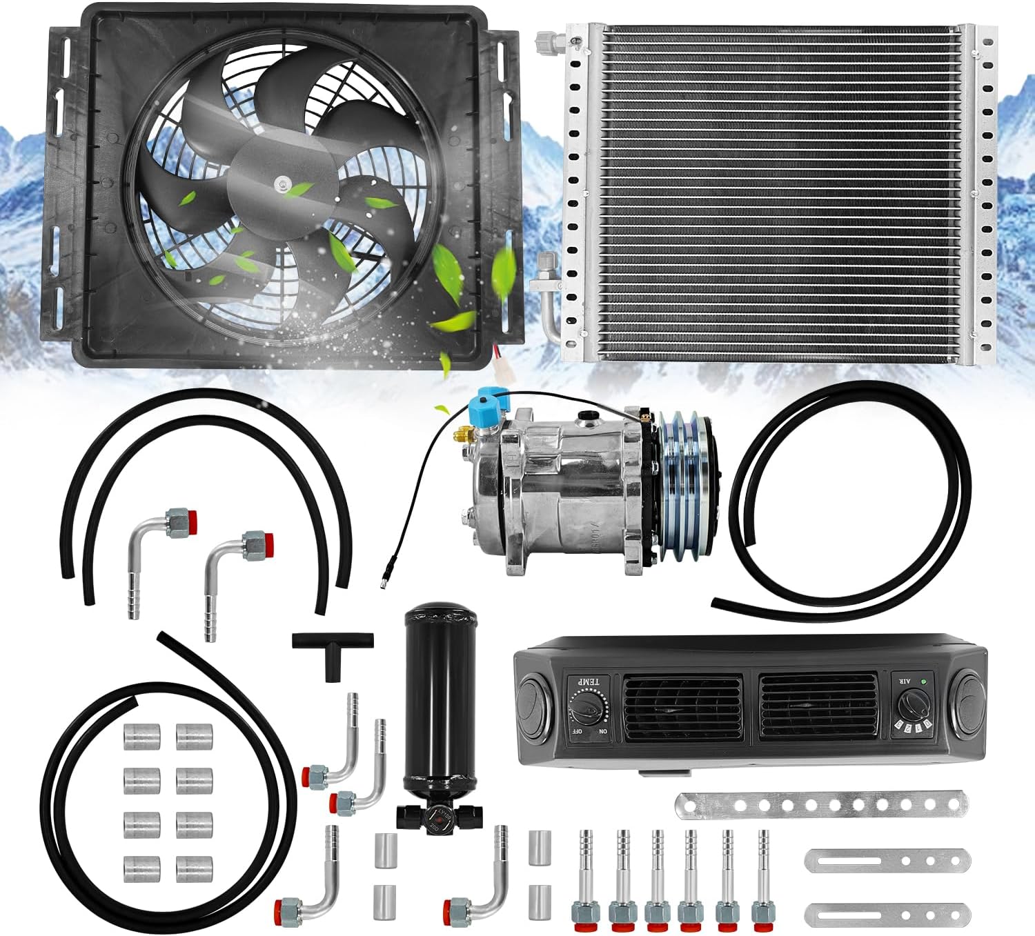 12V A/C Compressor Condenser SD508, Condenser Fan, Evaporator Unit (18.000BTU) Receiver Drier, Hoses and Fittings for cars, Trucks, RVs, Universal Under Dash Air Conditioner Cooling Heating