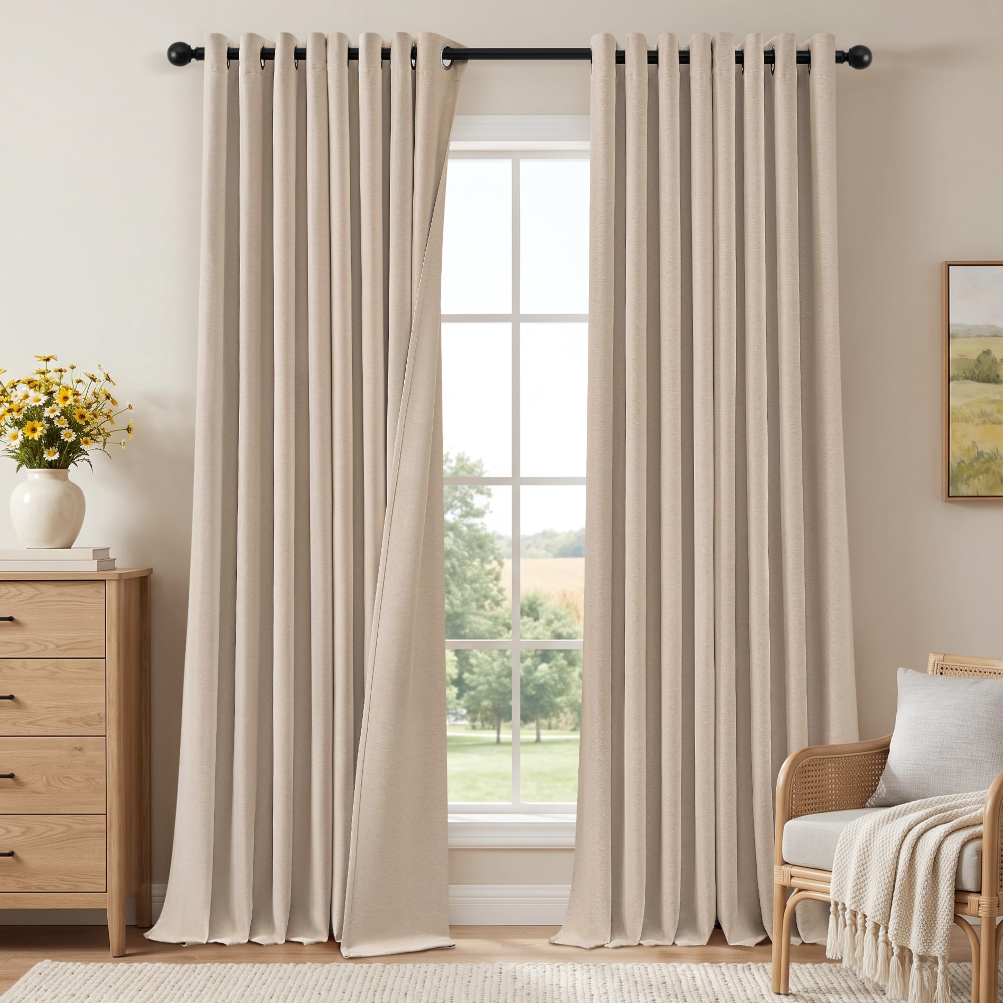 Best Baisite 100% Blackout Curtains Linen 96 Inch Drop 2 Panels Soft Texture Sun Blocking Thermal Eyelet Curtains for Bedroom Living Room Thick Durable Double-sided Linen Curtains Cream 52" W x 96" L โ image 1
