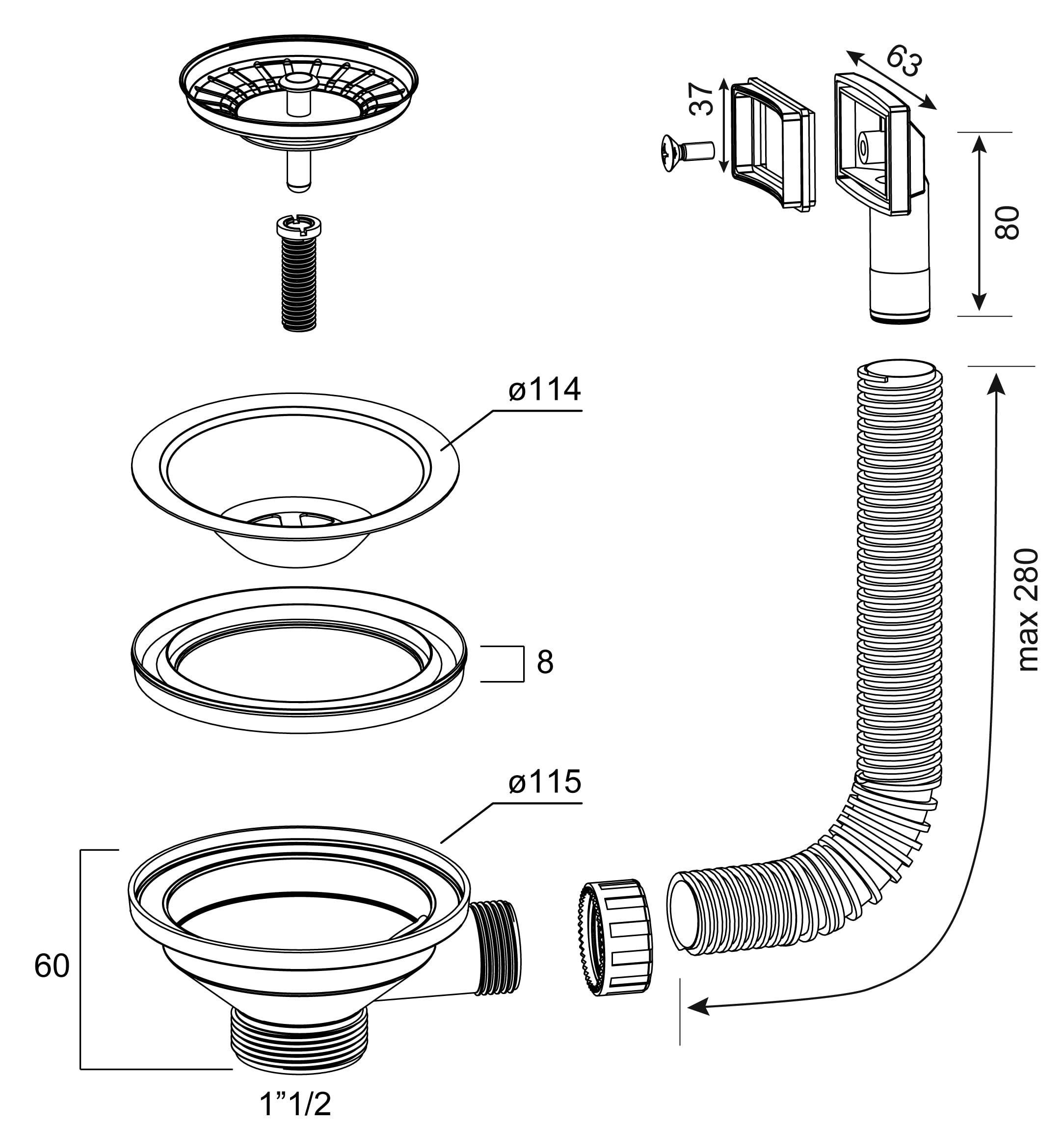 Piletta 3"1/2 Lavello Inox e Ceramica c/Troppopieno flessibile