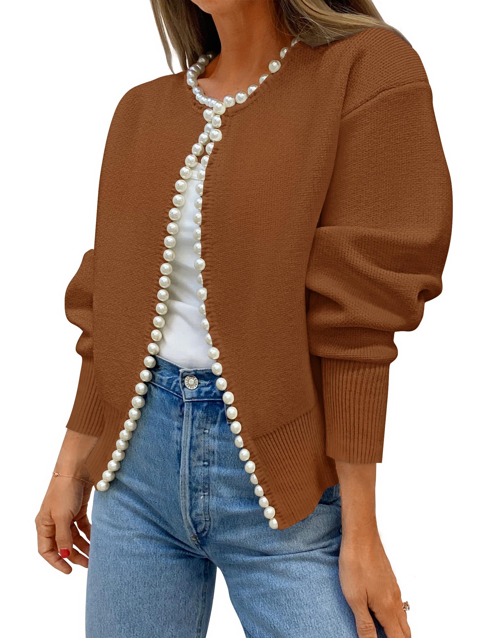 ZESICA Women's Open Front Cardigan with Pearls Trim