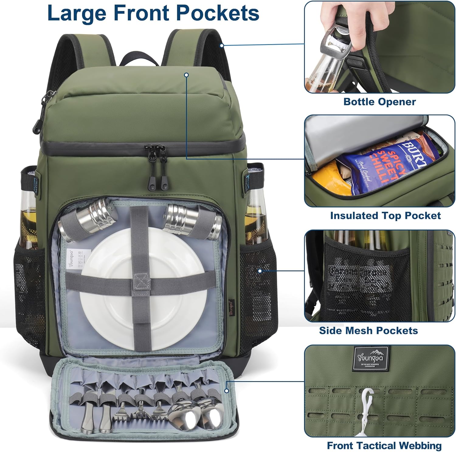 Cooler Backpack Insulated Waterproof for Men and Women, 2 Insulated Compartments Backpack Cooler for Beach Travel Camping, Portable Lightweight (Green, Large)