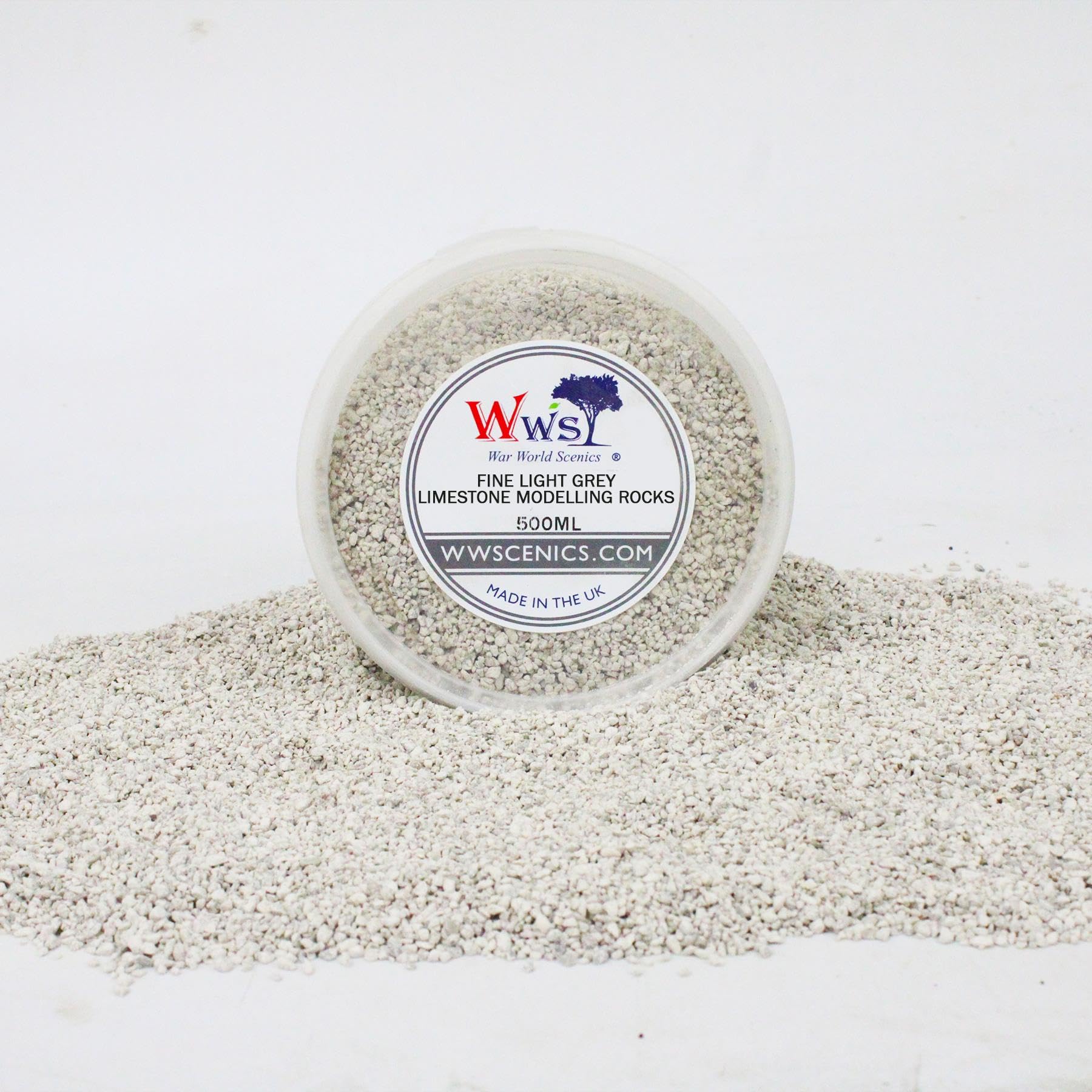 WWS War World Scenics WWScenics Fine Light Grey Limestone Modelling Rocks 0-3mm | 500ml Tub | Wargame Scenery & Basing Material