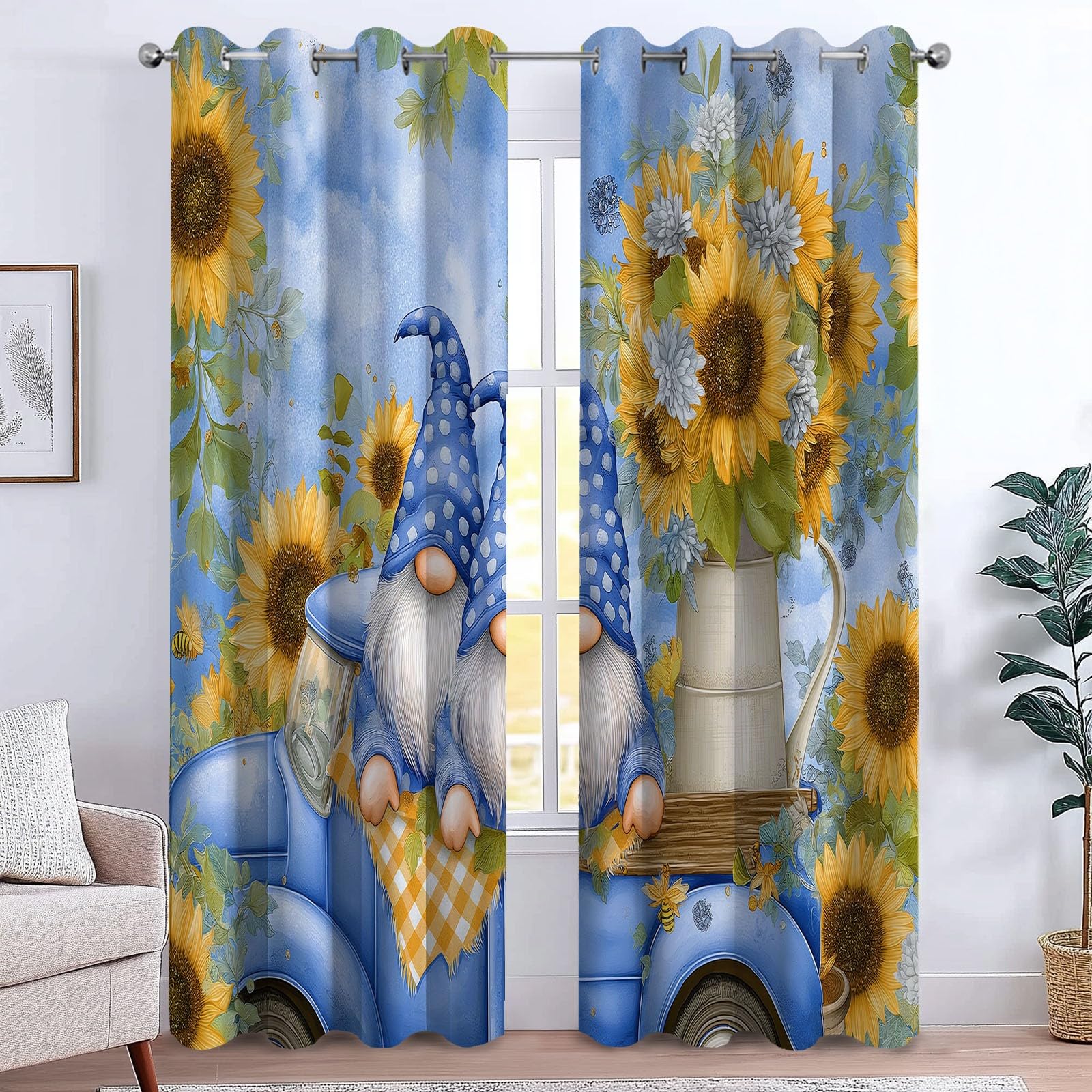 Générique Rideaux Occultants Enfant Nains Tournesols 110 x 215 cm (L x H), Isolation Phonique à Œillets Camions Abeilles, pour Chambre Garçon (2 Panneaux) Bleu Clair