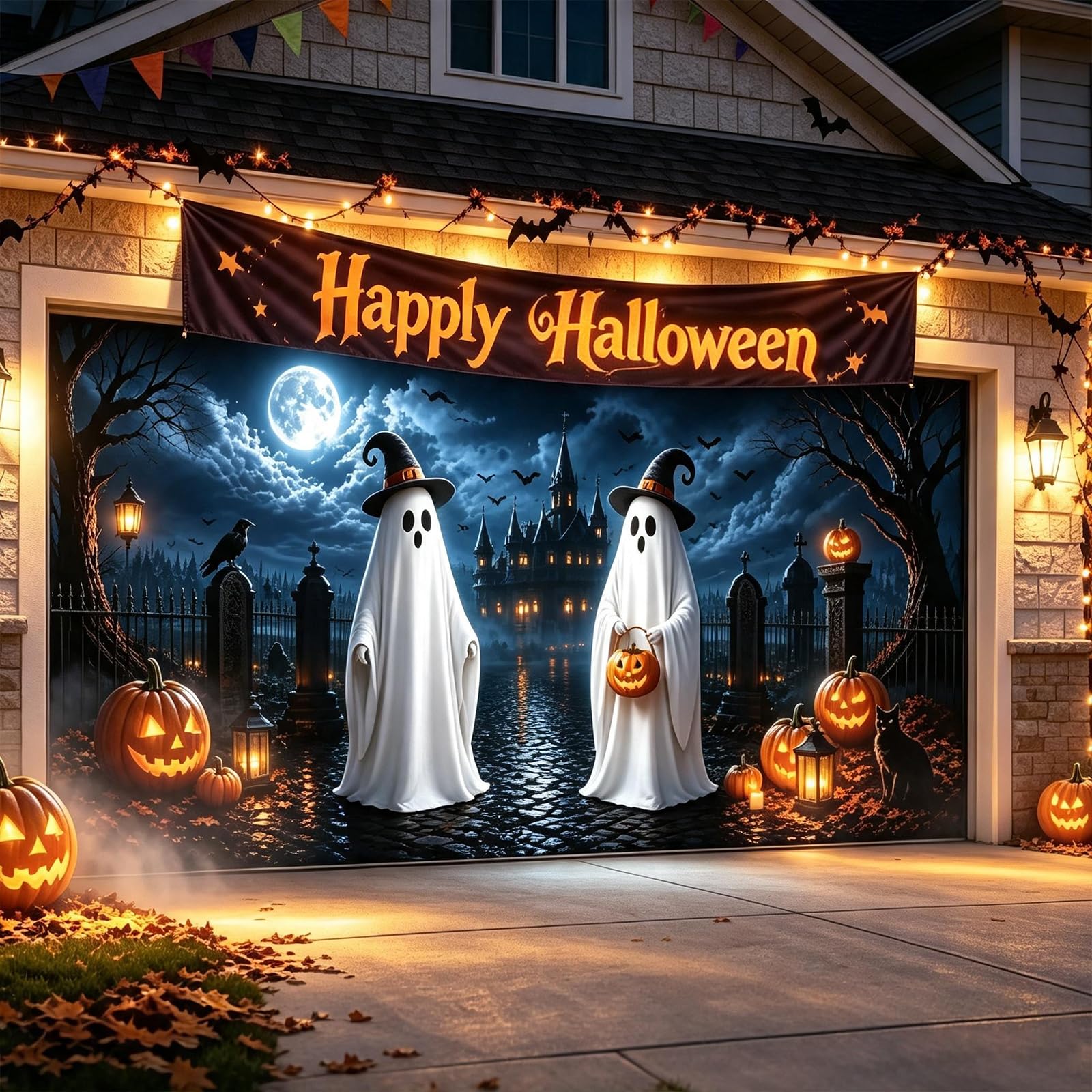 Halloween Garage Door Cover 16x7 FT, Ghost Halloween Garage Door Decoration