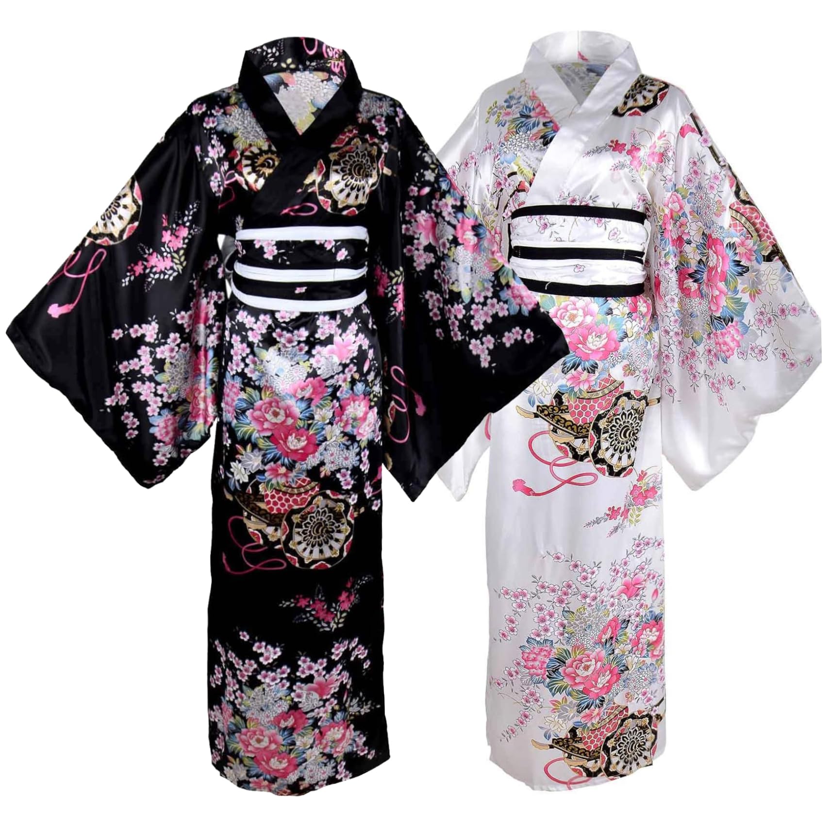 Yukata para Mujer, Kimono japonés con Estampado Floral, Sedoso, cómodo y Agradable para la Piel, con cinturón, Estilo Tradicional de Kioto, Ideal para Fiestas, Cosplay y Accesorios (Blanco).