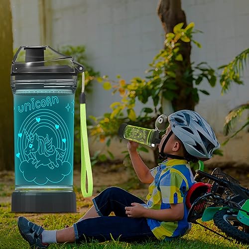 Miniatura 2 de Attivolife Botellas de agua de unicornio para niñas, lámpara de noche brillante 3D, 14 0Z Tritan libre de BPA, 7 luces LED que cambian de color,