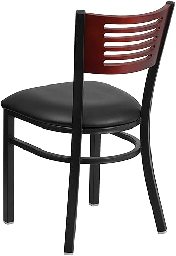 Miniatura 4 de Flash Furniture HERCULES Series Silla de restaurante de metal con respaldo de listones negros, respaldo de madera de caoba, asiento de vinilo negro