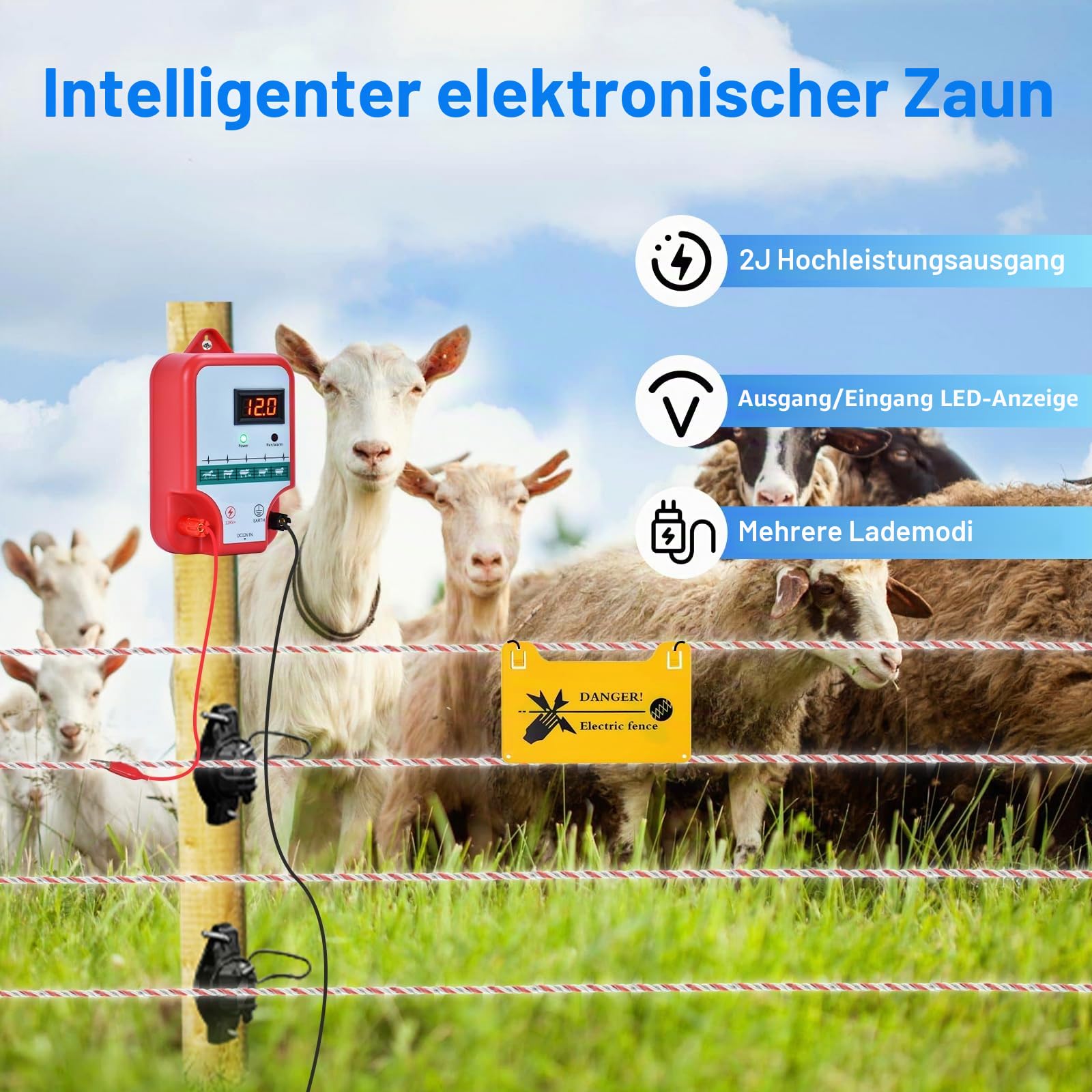 15 km Weidezaungerät mit Weidezaunlitze, 2J Weidegerät mit LED Display, Elektro Weide Zaun für Hühner, Schafe, Schweine, Füchse, Kühe, für landwirtschaftliche Unternehmen
