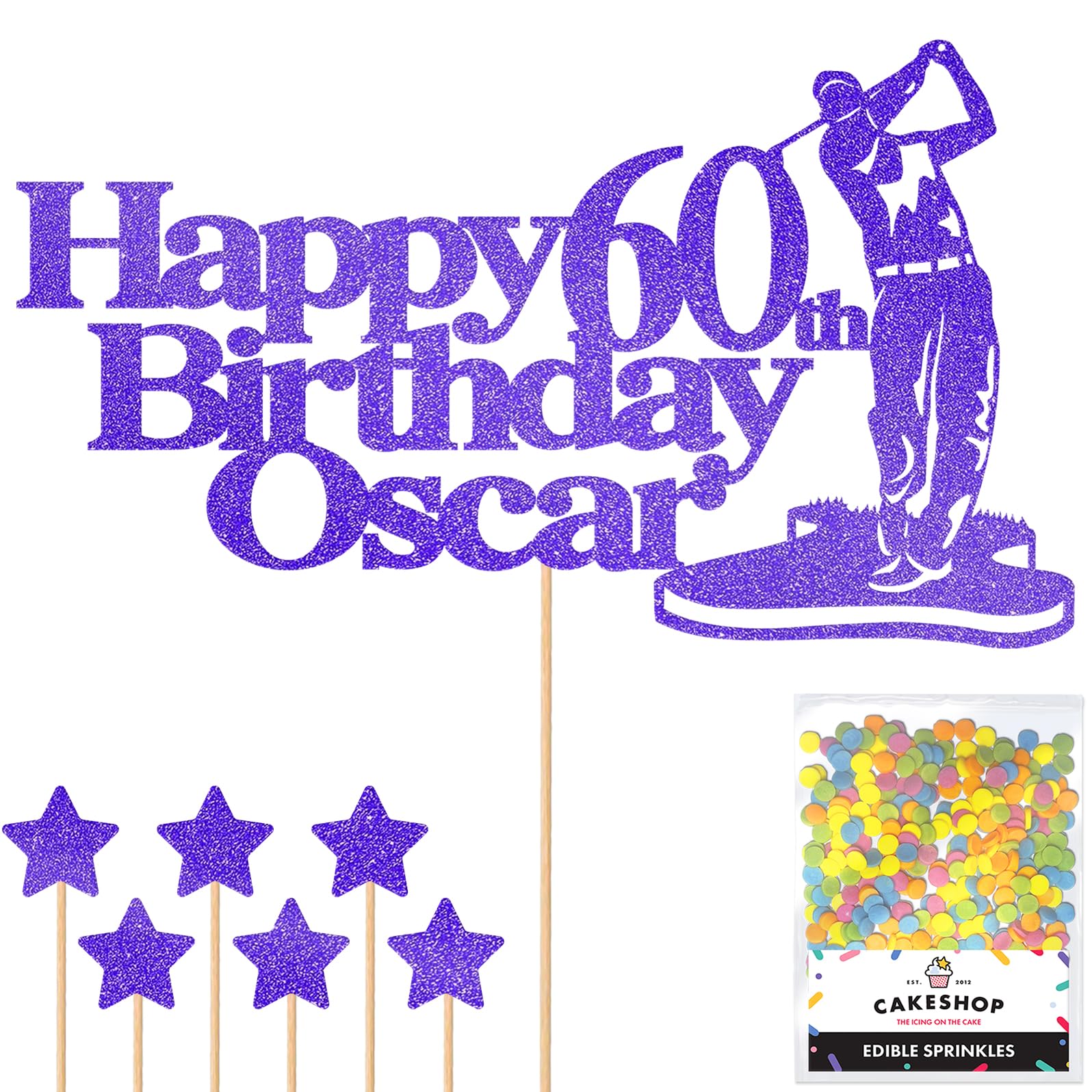 Personalised Golf Golfer Glitter Cake Topper - Bright Blue Custom Age & Name Glitter Cake Decoration and Sprinkles - Happy Birthday Decorations - Personalised Toppers for Cakes by Cakeshop