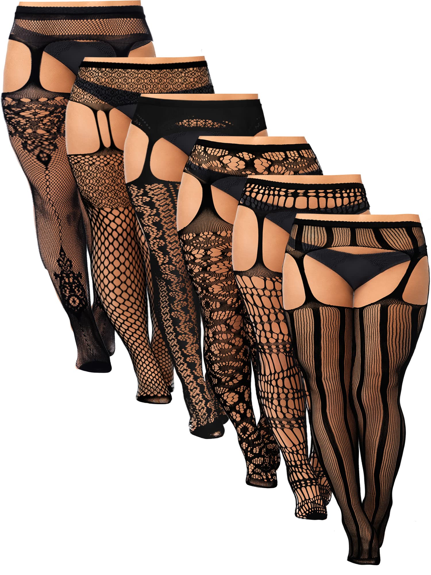 Skylety 6 Pairs Women Plus Size Fishnet Suspender Pantyhose Thigh High Stocking Garter Belt Lingerie Tights for Women L-XXXL: XX-Large-3X-Large Suspender Black