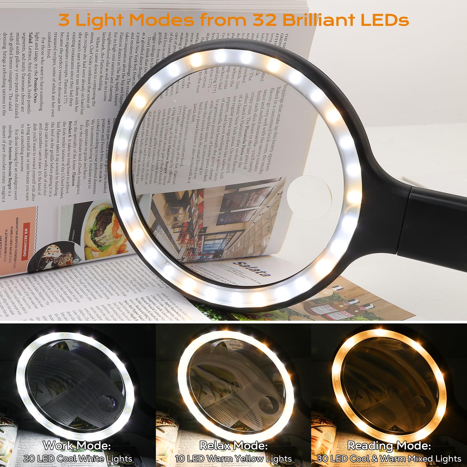 Handfreie und handliche 10X/5X Lupe, wiederaufladbar, 30 LED mit 3 Lichtmodi für Senioren mit schwacher Sicht, Lesen, Basteln (schwarz)