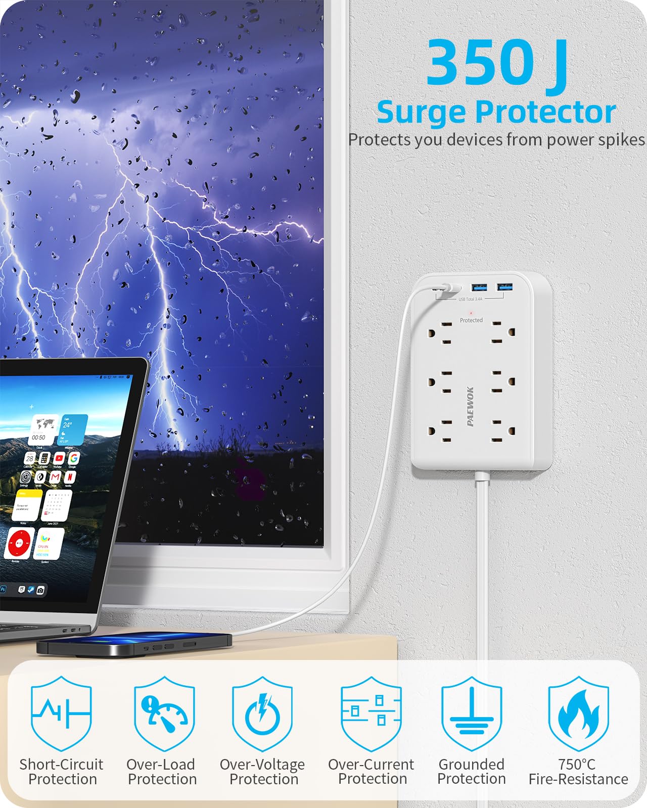 1,5 m Flachsteckerverlängerung mit 4 USB(2 USB C), 6 Steckdosen, Multi-Stecker Expander Wandladegerät, ultradünne Verlängerungskabel, Überspannungsschutz
