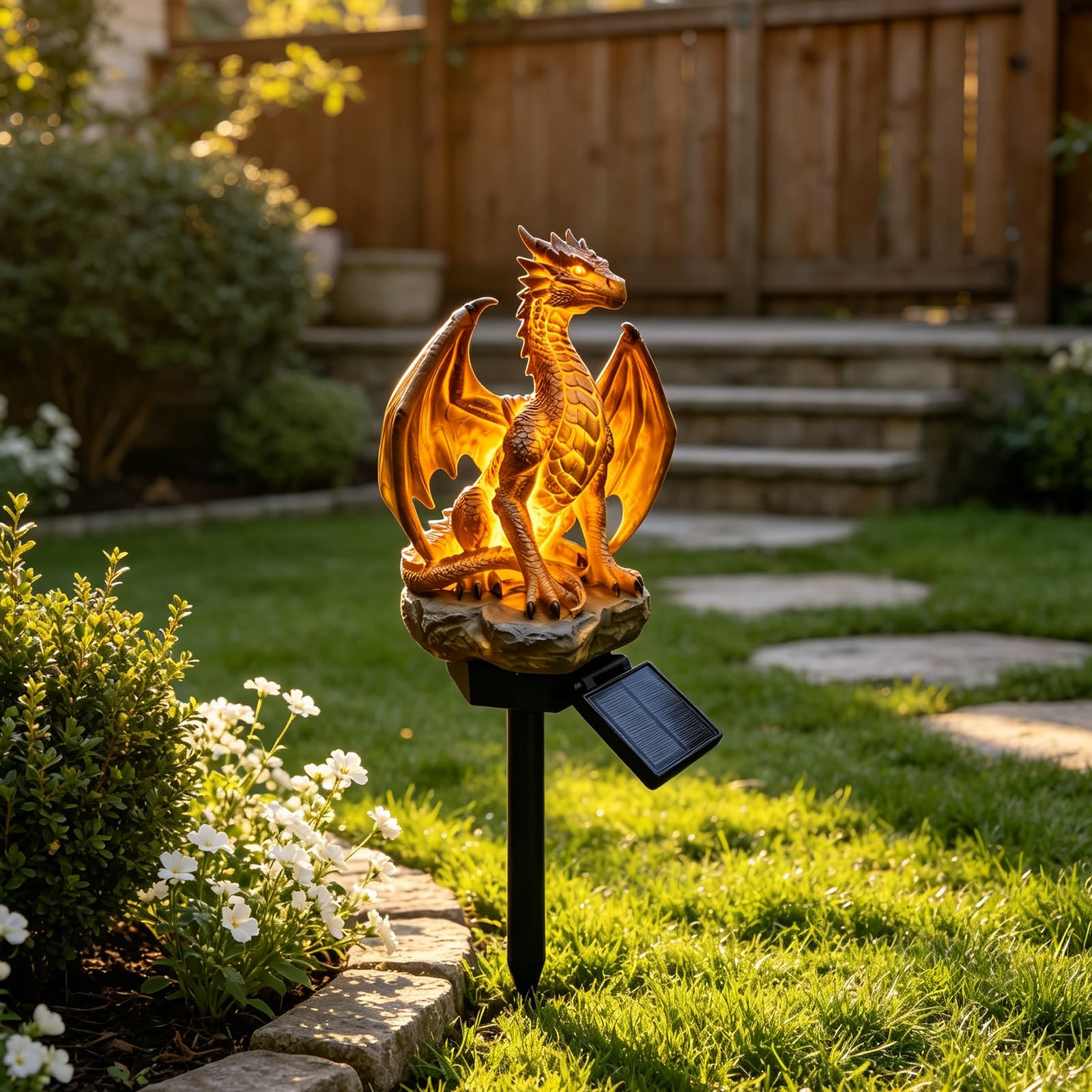 Solare in Resina con Statua da Giardino del Drago, 2 Pieces